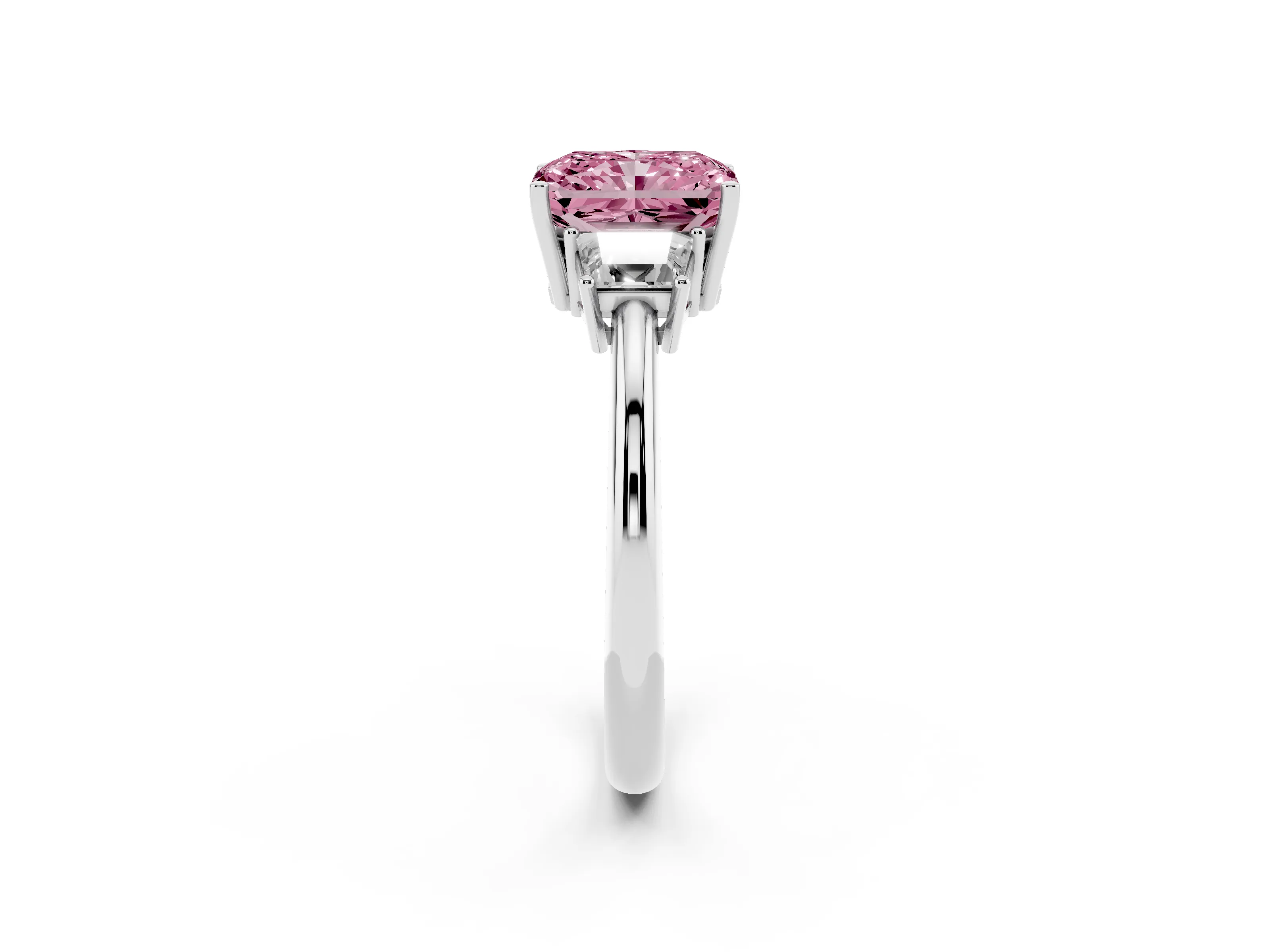 Fancy Pink Radiant Cut Diamond Three-Stone Ring Set in Silver with Trapezoid Side Stones and Prong Setting