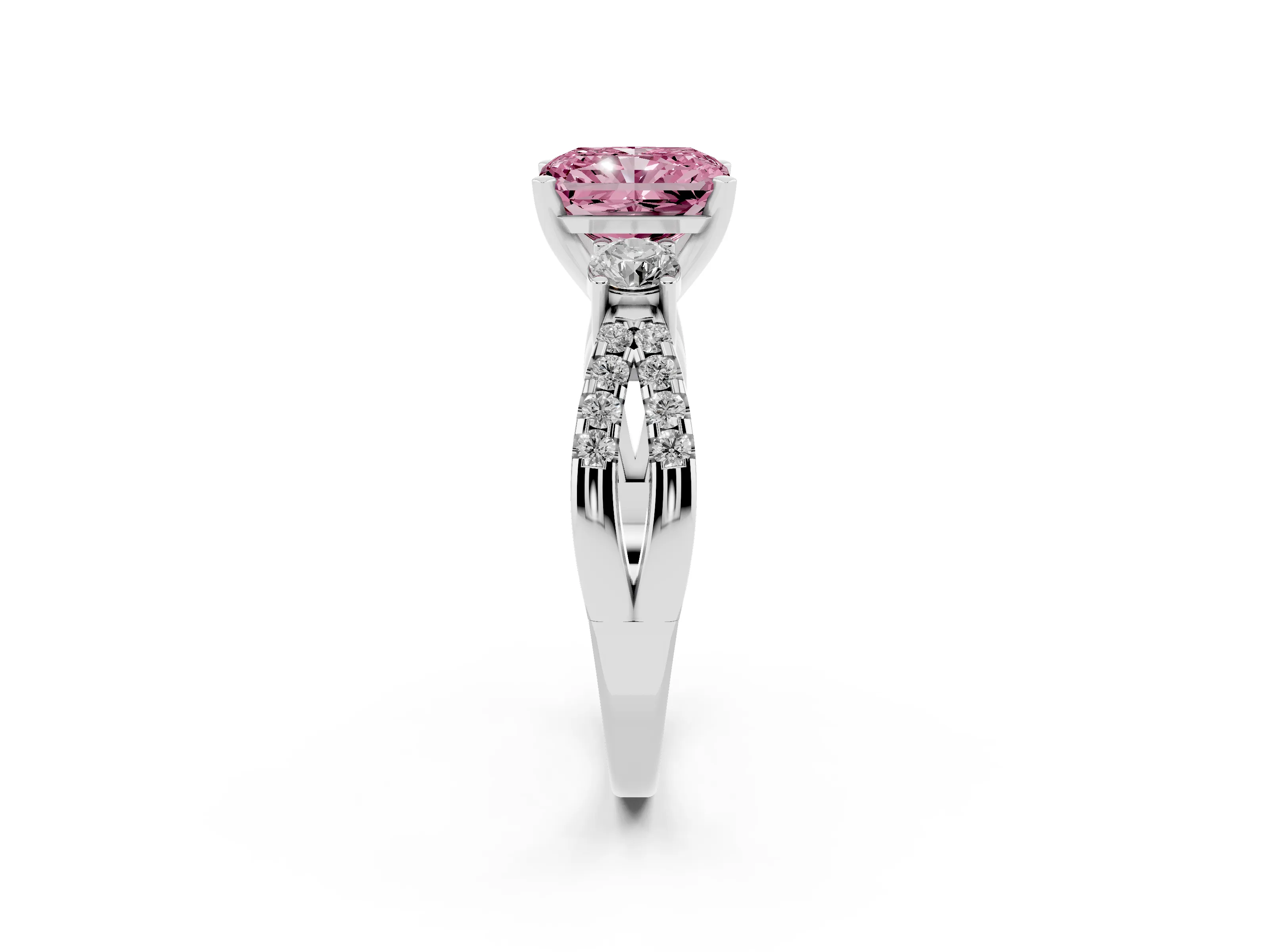 Fancy Pink Radiant Cut Diamond Three-Stone Ring Set in Platinum with Pavé Split Shank and Prong Setting