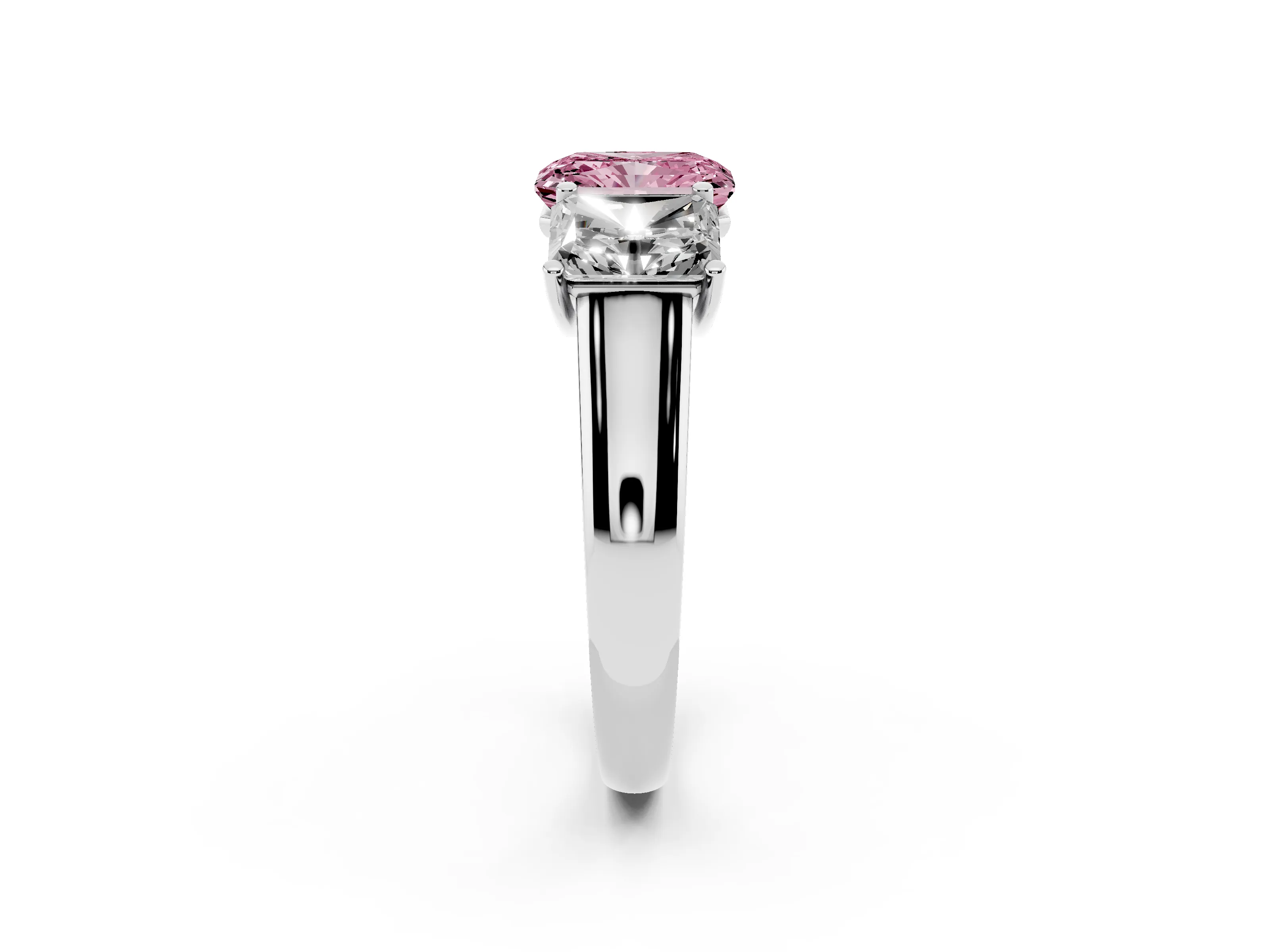 Fancy Pink Radiant Cut Diamond Three-Stone Ring Set in White gold with Plain Polished Band