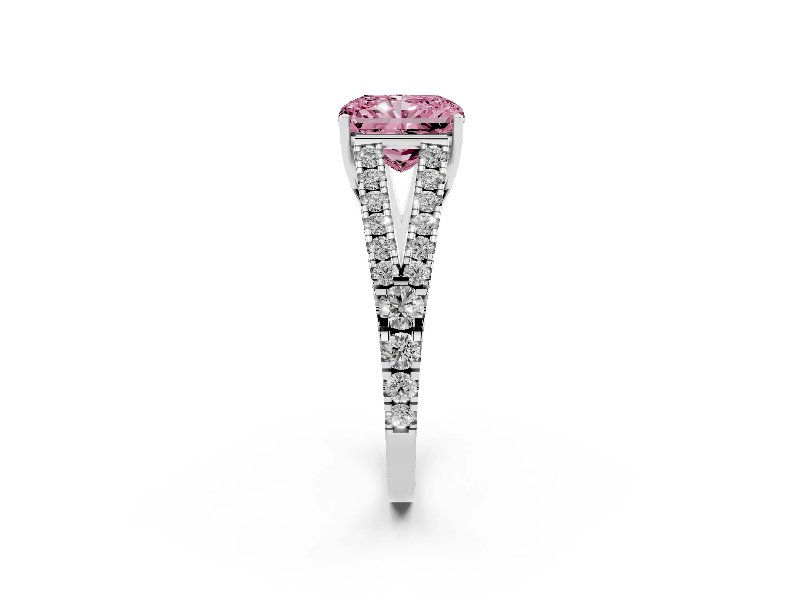 Fancy Pink Radiant Cut Diamond Split Shank Pavé Engagement Ring Set in Platinum with Prong-Held Center Stone