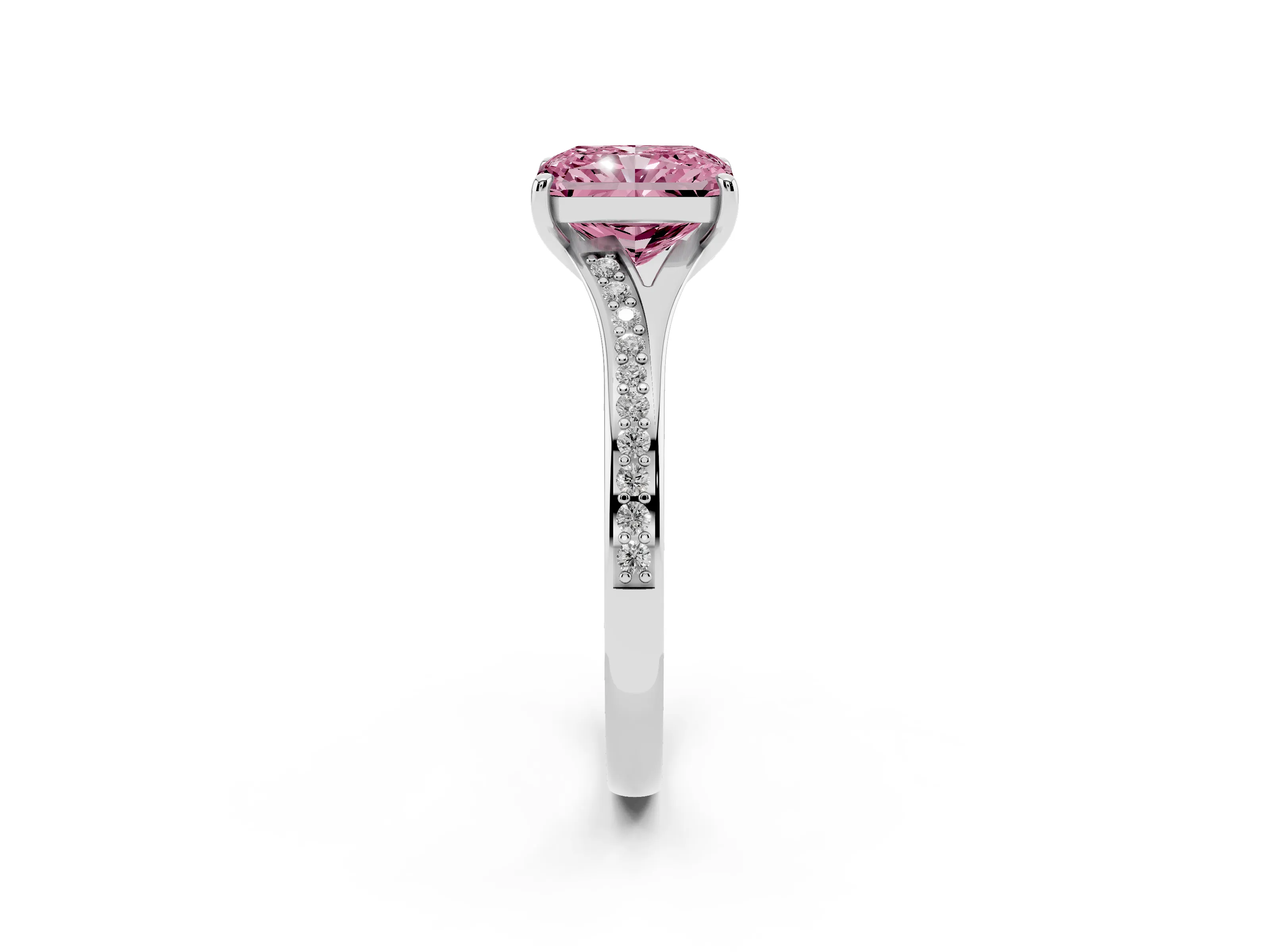 Fancy Pink Radiant Cut Diamond Solitaire Ring Set in Platinum with Pavé Accent Band and Classic Prong Setting