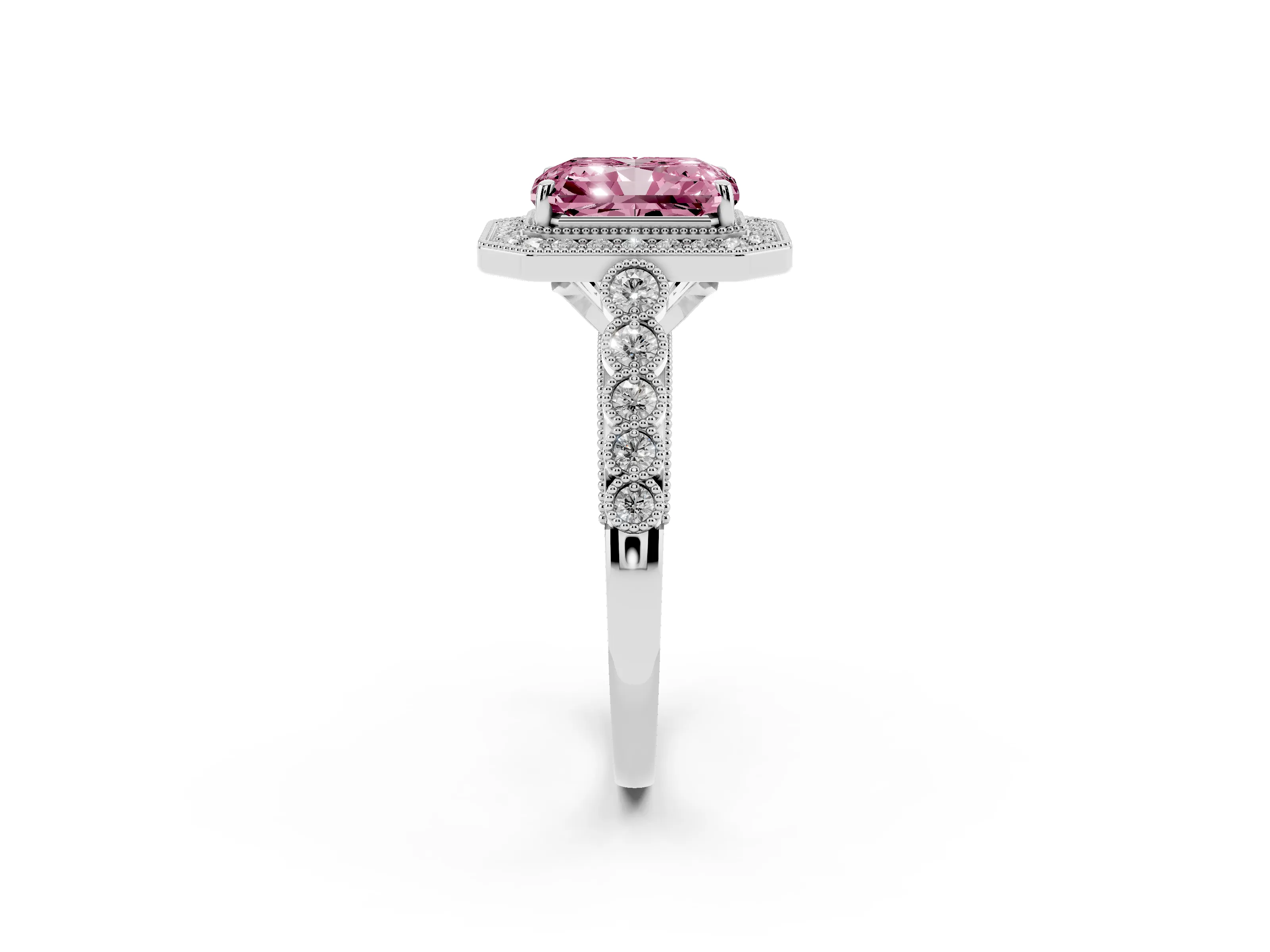 Fancy Pink Radiant Cut Diamond Milgrain Halo Solitaire Ring Set in White gold with Bezel Set Side Stones and Pavé Band