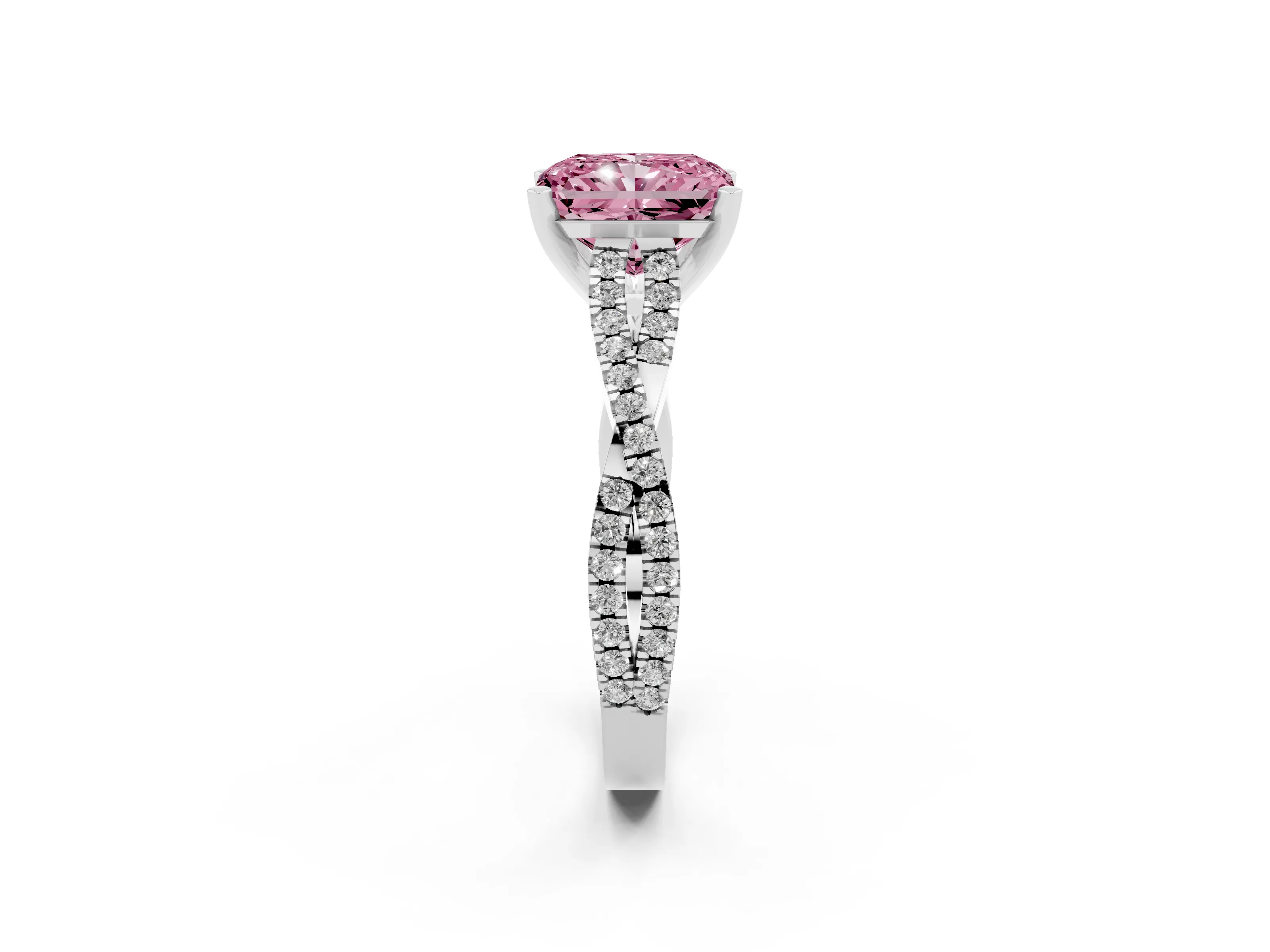 Fancy Pink Radiant Cut Diamond Solitaire Engagement Ring Set in Platinum with Twisted Pavé Band and Prong Setting