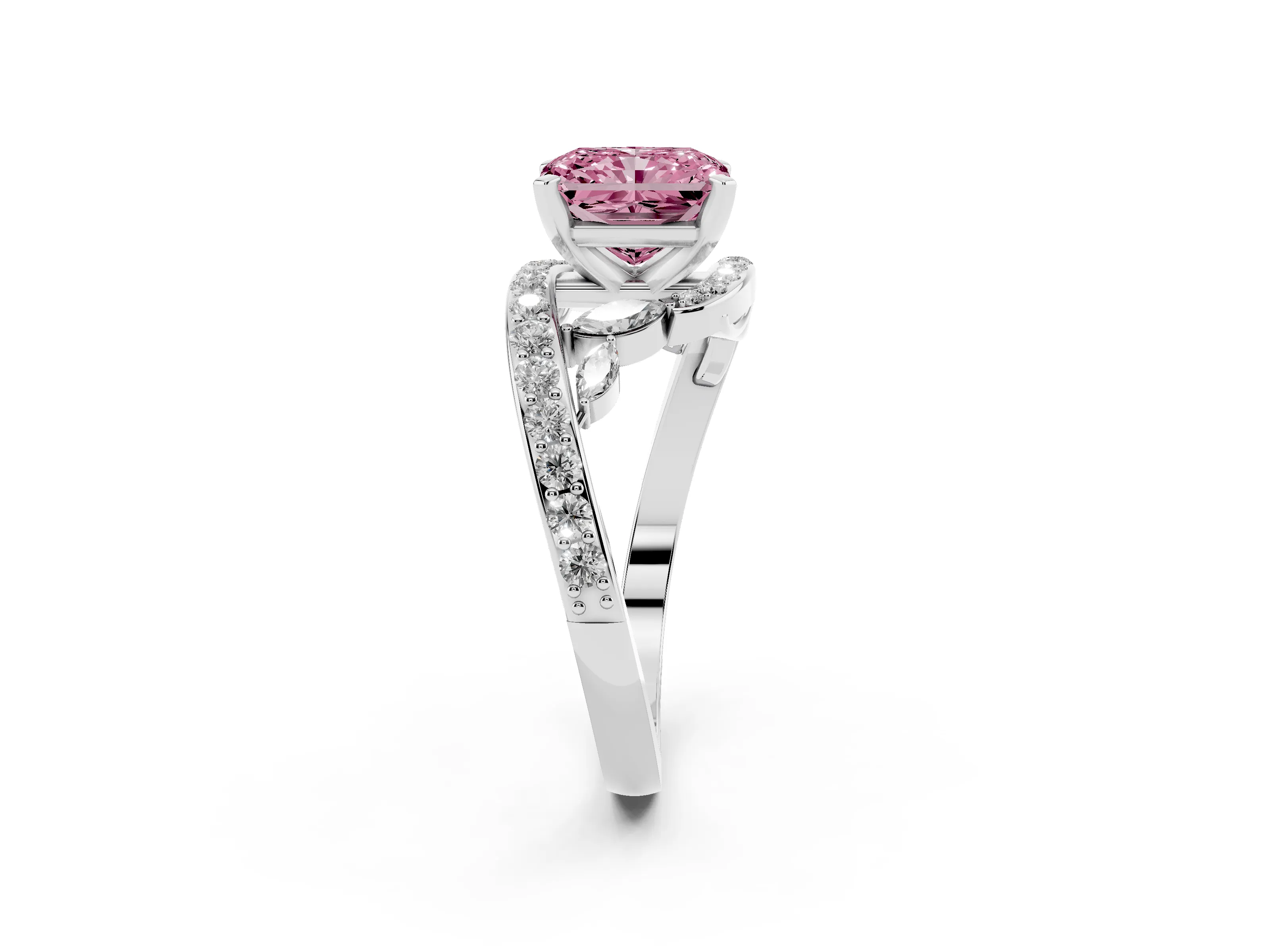Fancy Pink Radiant Cut Diamond Solitaire Ring Set in White gold with Pavé Twist Band and Secure Prong Setting