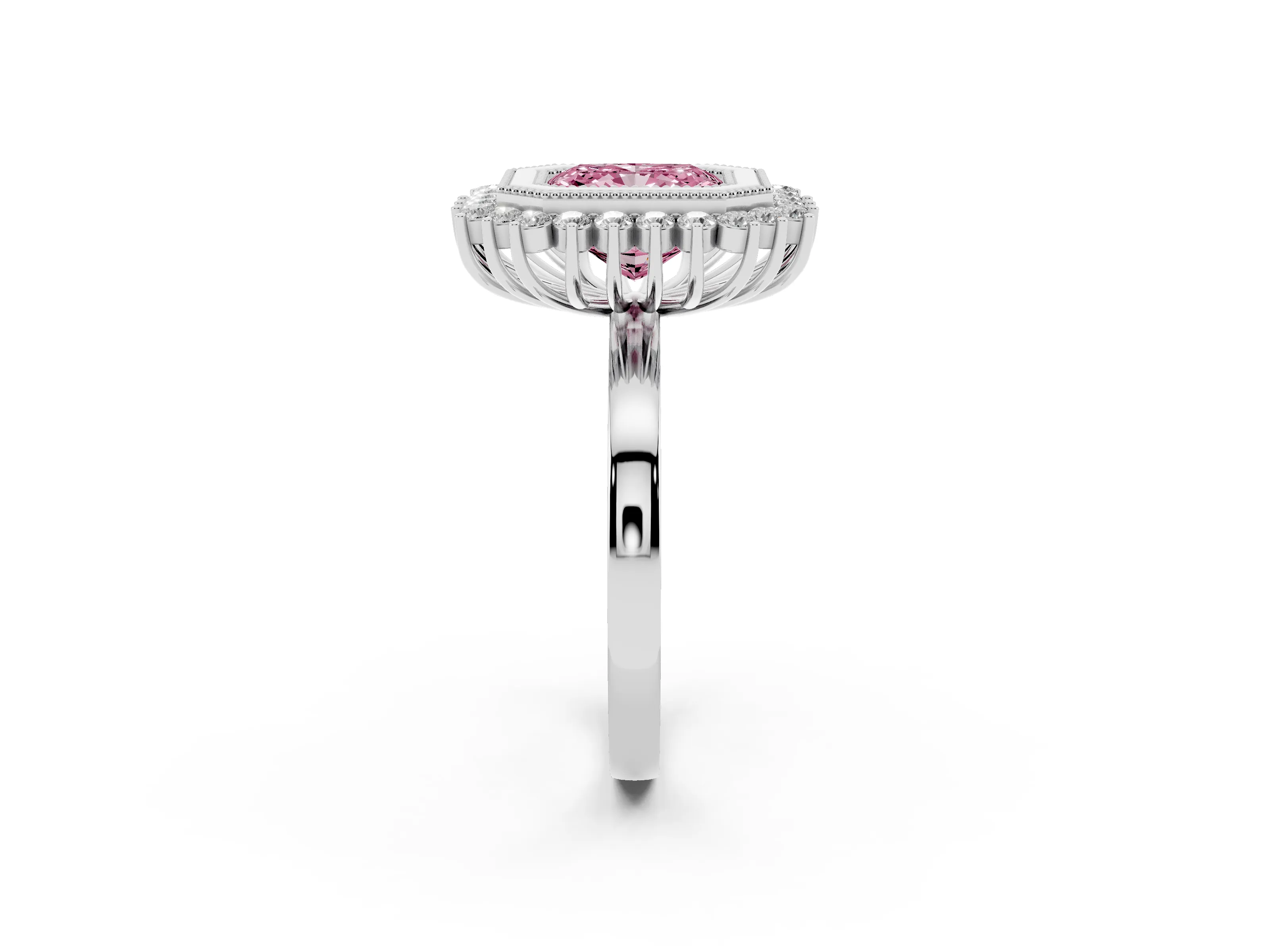 Fancy Pink Radiant Cut Diamond Halo Ring Set in White gold with Milgrain Edge and Round Prong Setting