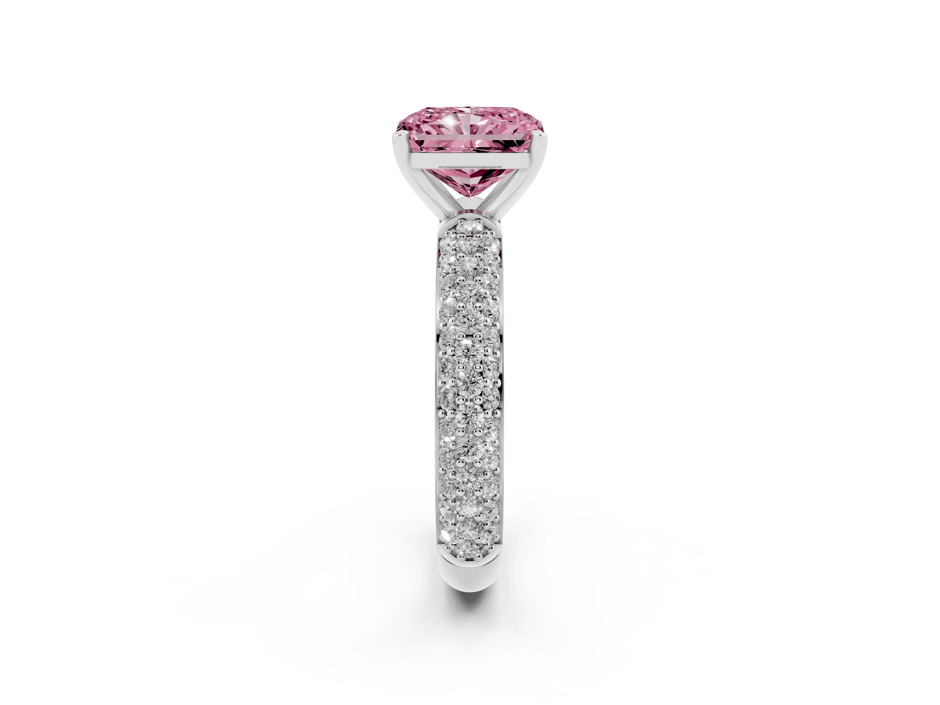 Fancy Pink Radiant Cut Diamond Solitaire Ring Set in Silver with Prong Setting and Pavé-Set Band