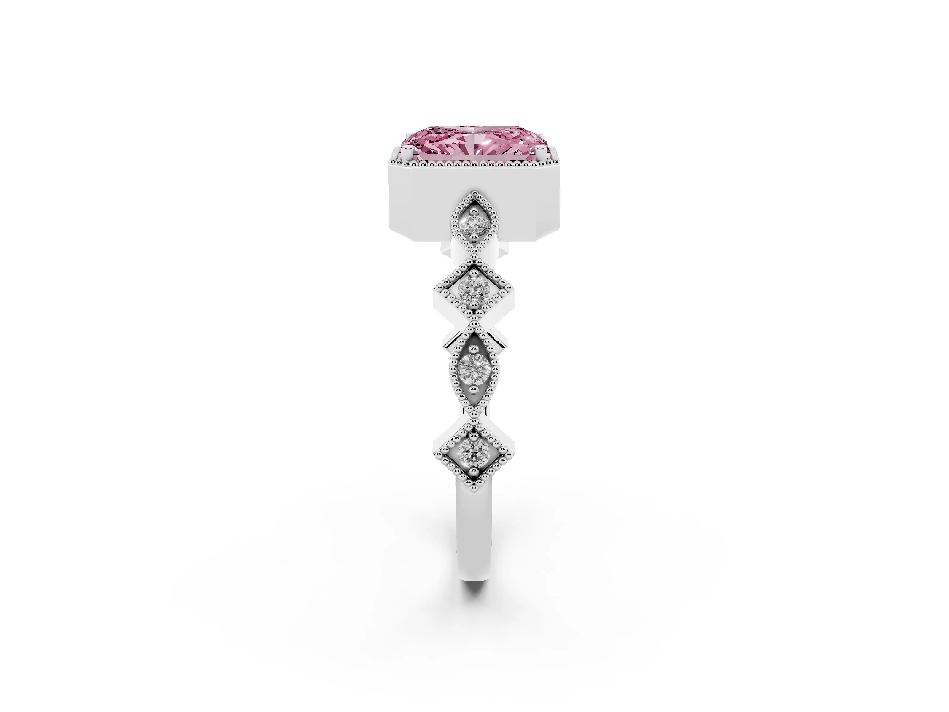 Fancy Pink Radiant Cut Diamond Milgrain Marquise Twist Band Ring Set in Platinum with Prong Setting