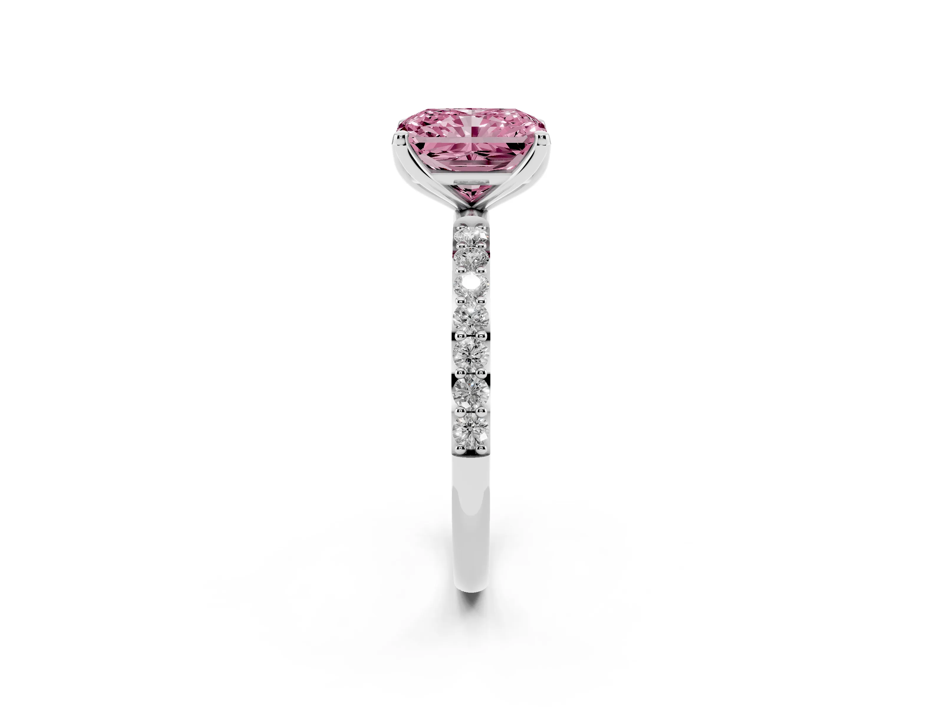 Fancy Pink Radiant Cut Diamond Solitaire Engagement Ring Set in Platinum with Round Pavé Band and Prong Setting