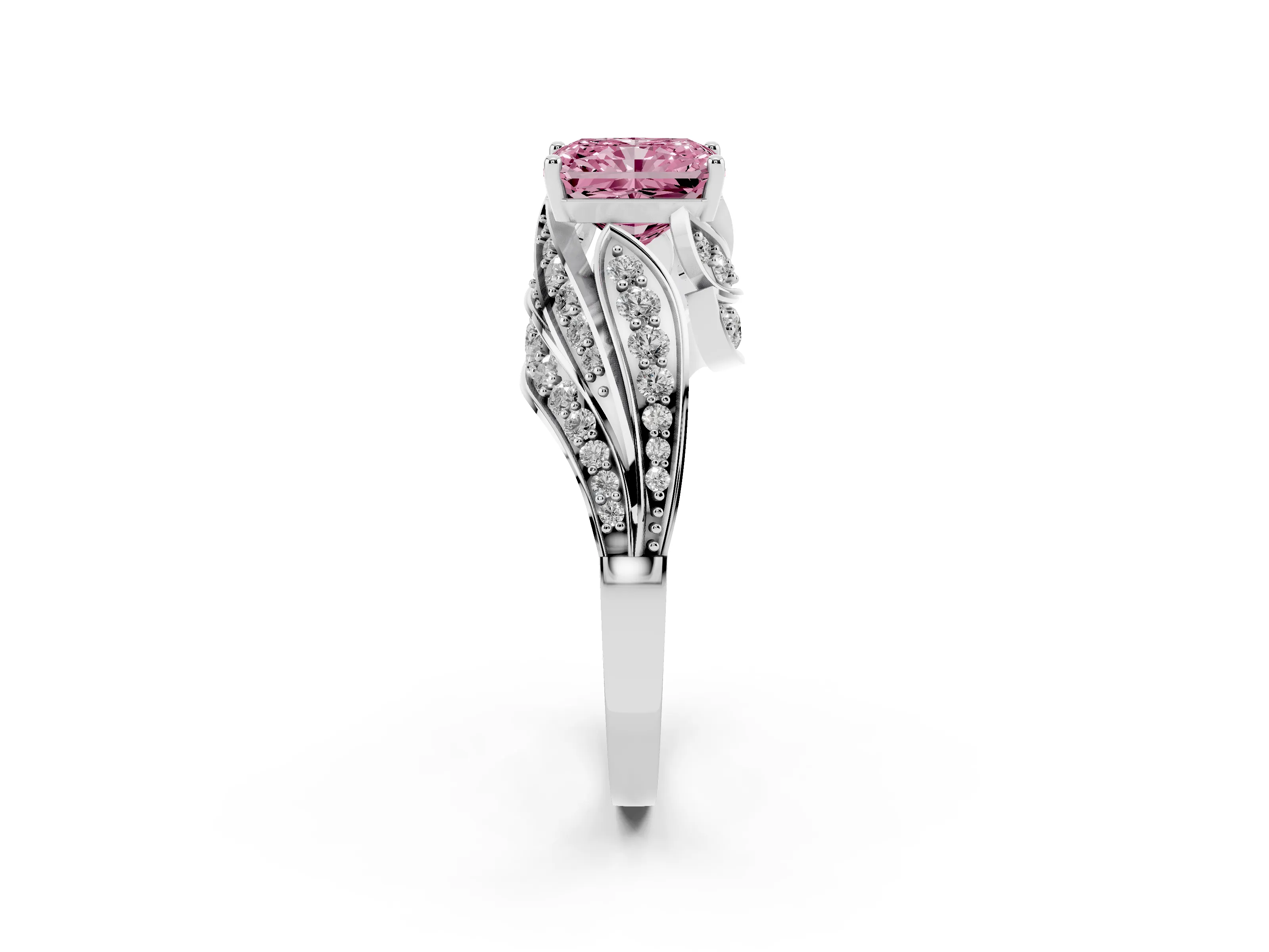 Fancy Pink Radiant Cut Diamond Solitaire Ring Set in Silver with Layered Twist Pavé Band
