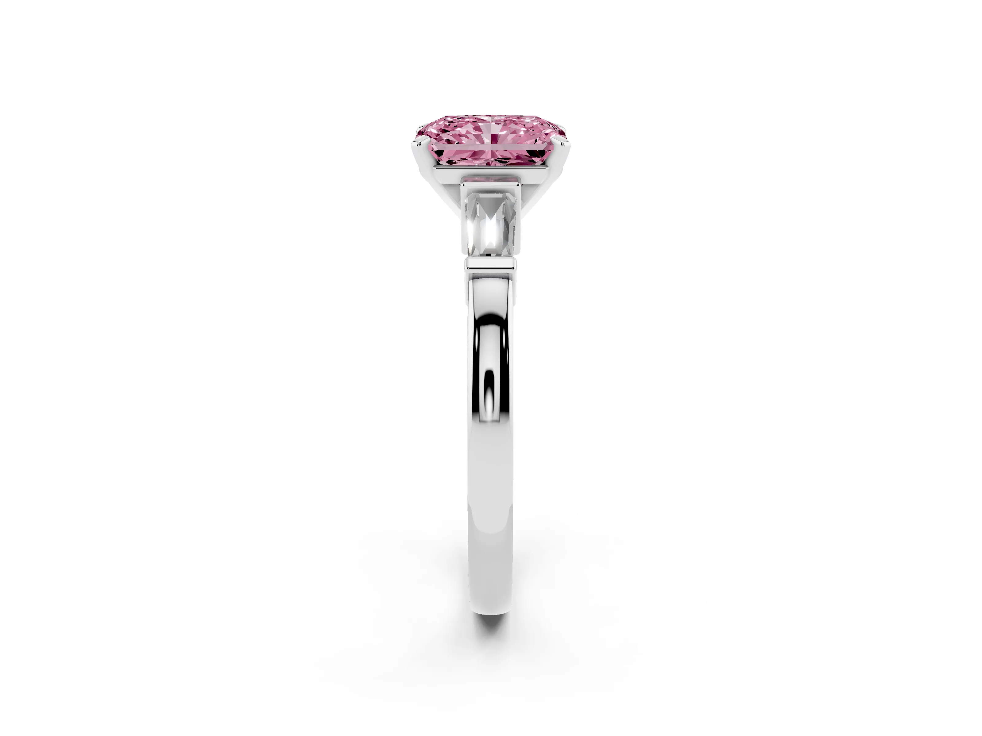 Fancy Pink Radiant Cut Diamond Solitaire Ring Set in Platinum with Tapered Baguette Accents and Prong Setting