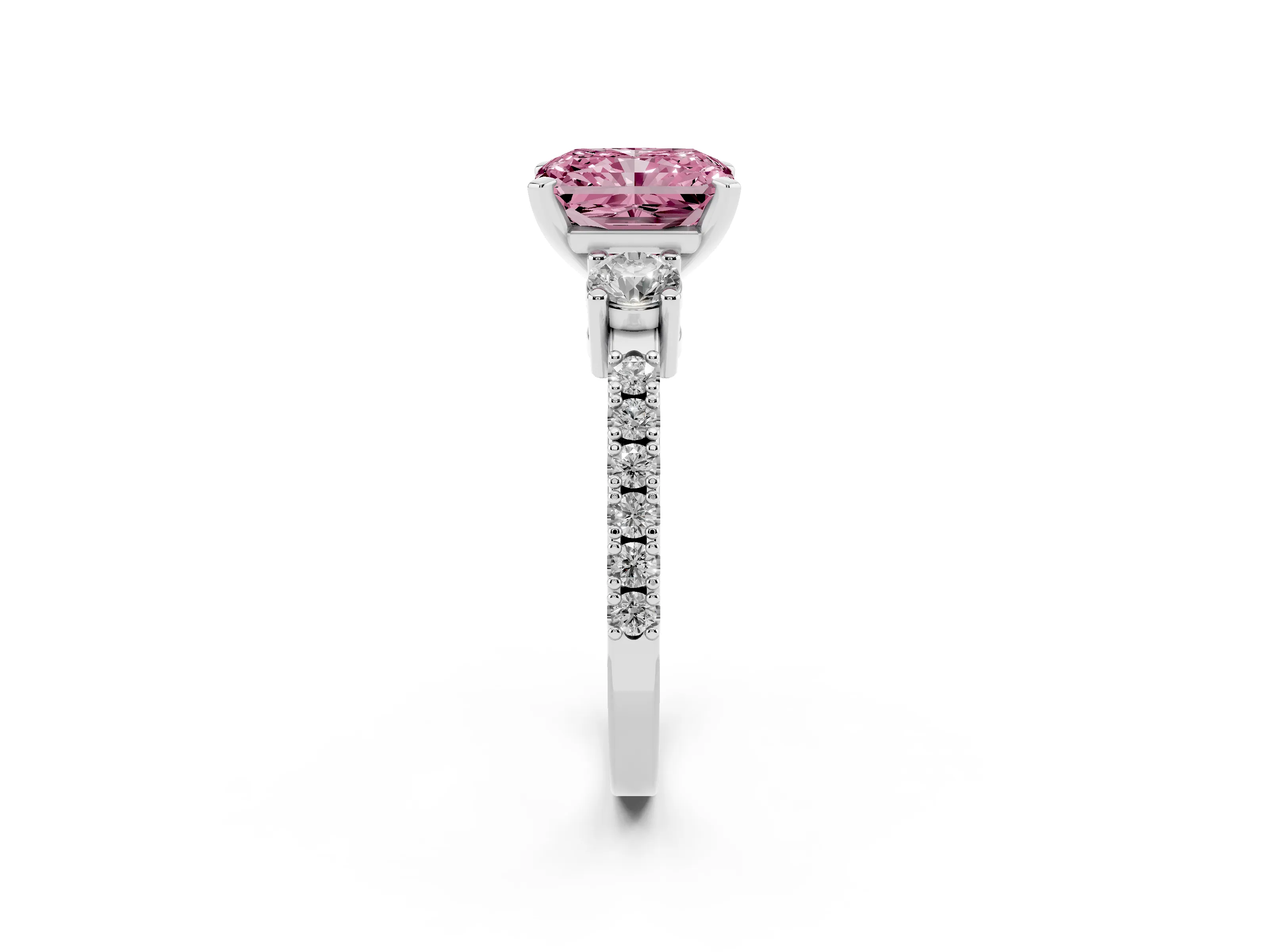 Fancy Pink Three-Stone Radiant Cut Diamond Pavé Band Ring Set in White gold with Prong Setting