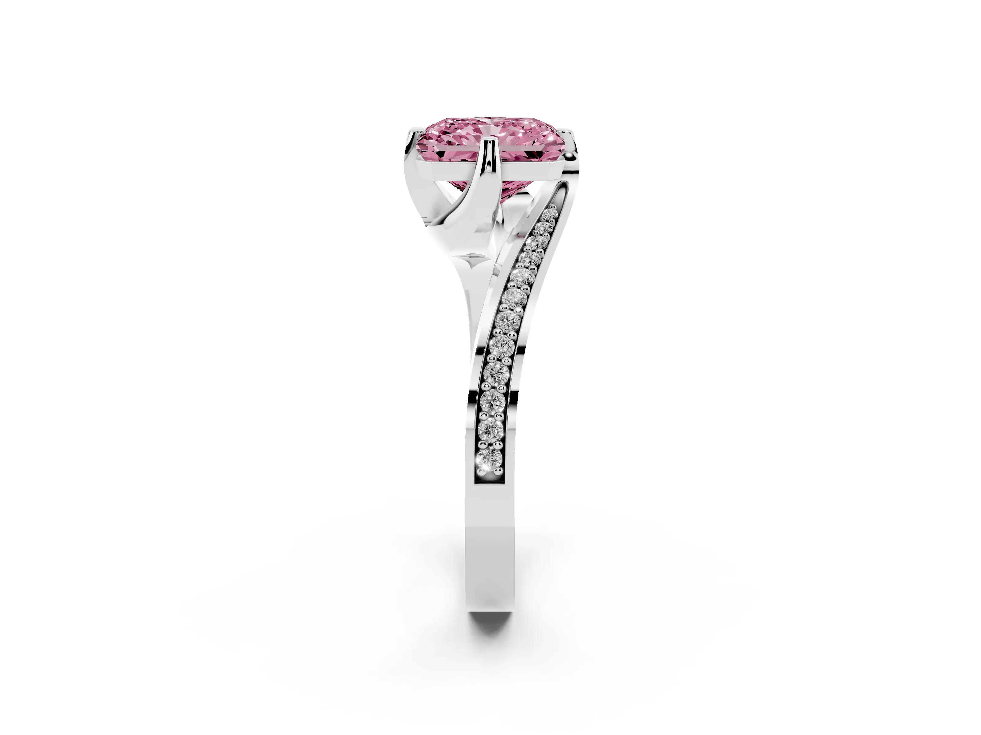 Fancy Pink Radiant Cut Diamond Solitaire Ring Set in White gold with Intertwined Pavé Twist Band