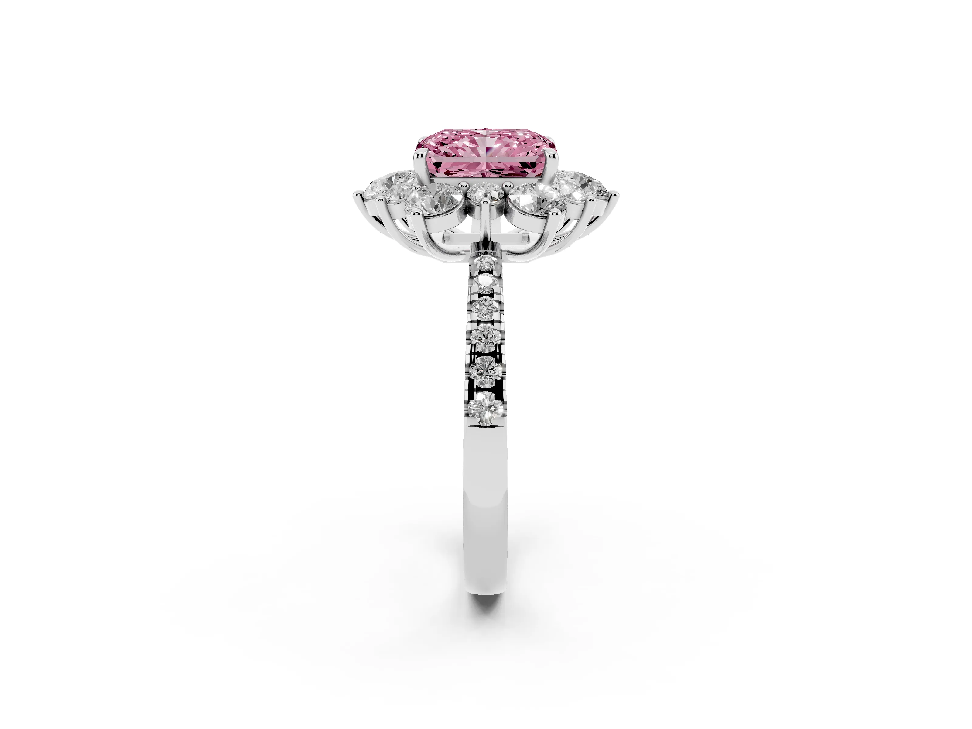 Fancy Pink Radiant Cut Diamond Floral Halo Ring Set in Silver with Round Pavé Band and Prong Setting
