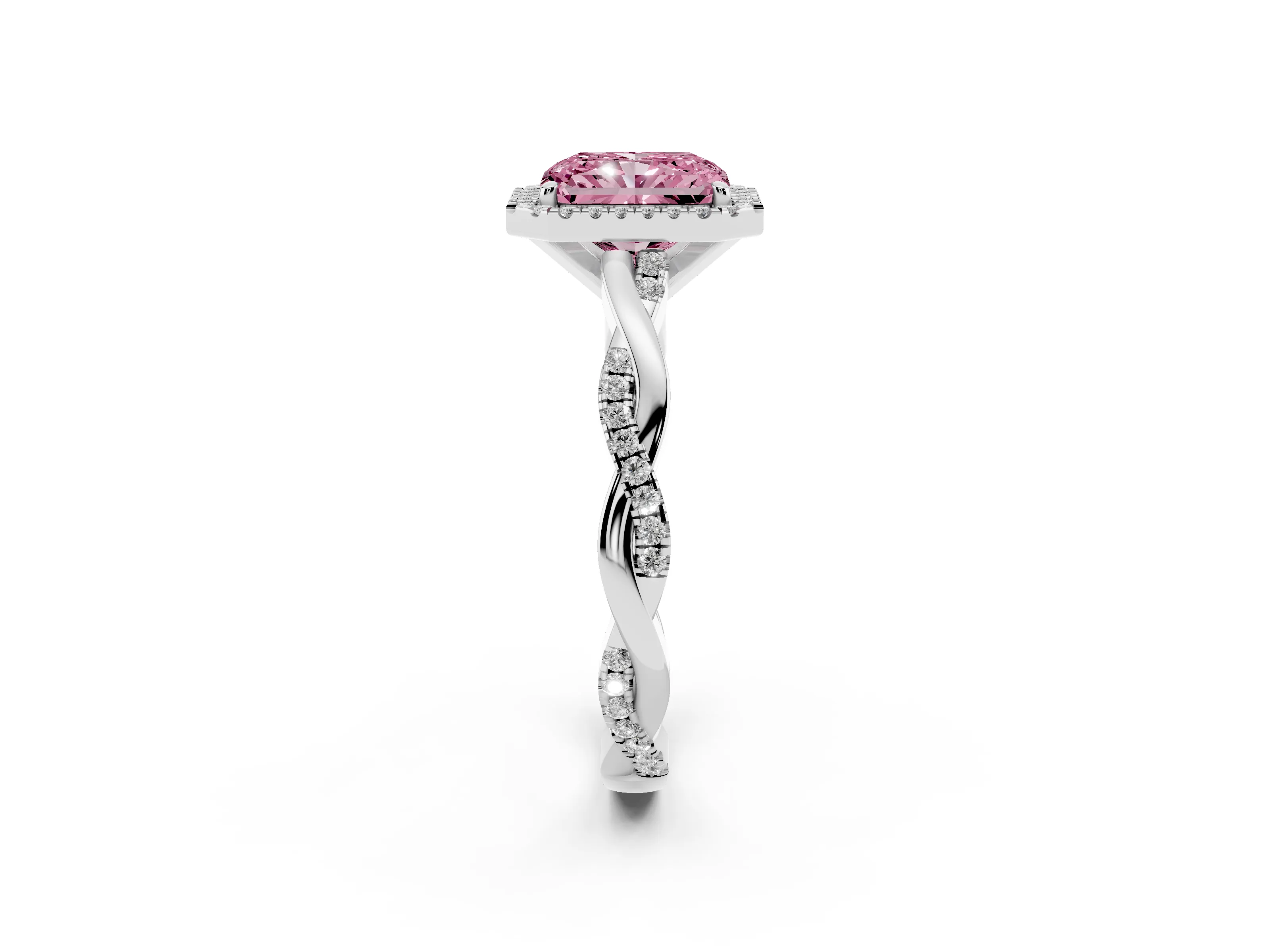Fancy Pink Radiant Cut Diamond Halo Twisted Band Ring Set in Platinum with Prong Setting