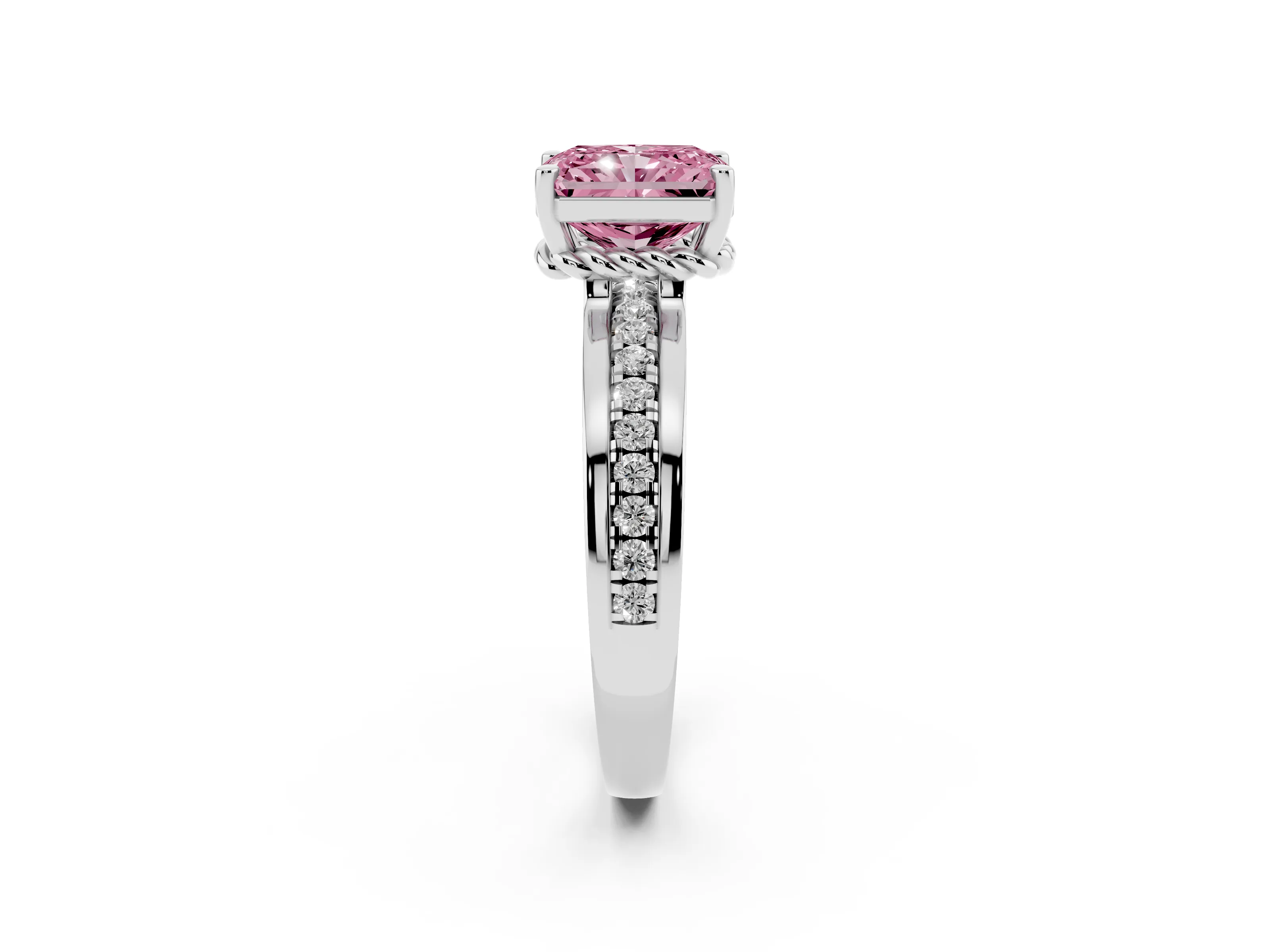 Fancy Pink Radiant Cut Diamond Solitaire Ring Set in White gold with Channel Set Band and Prong Setting