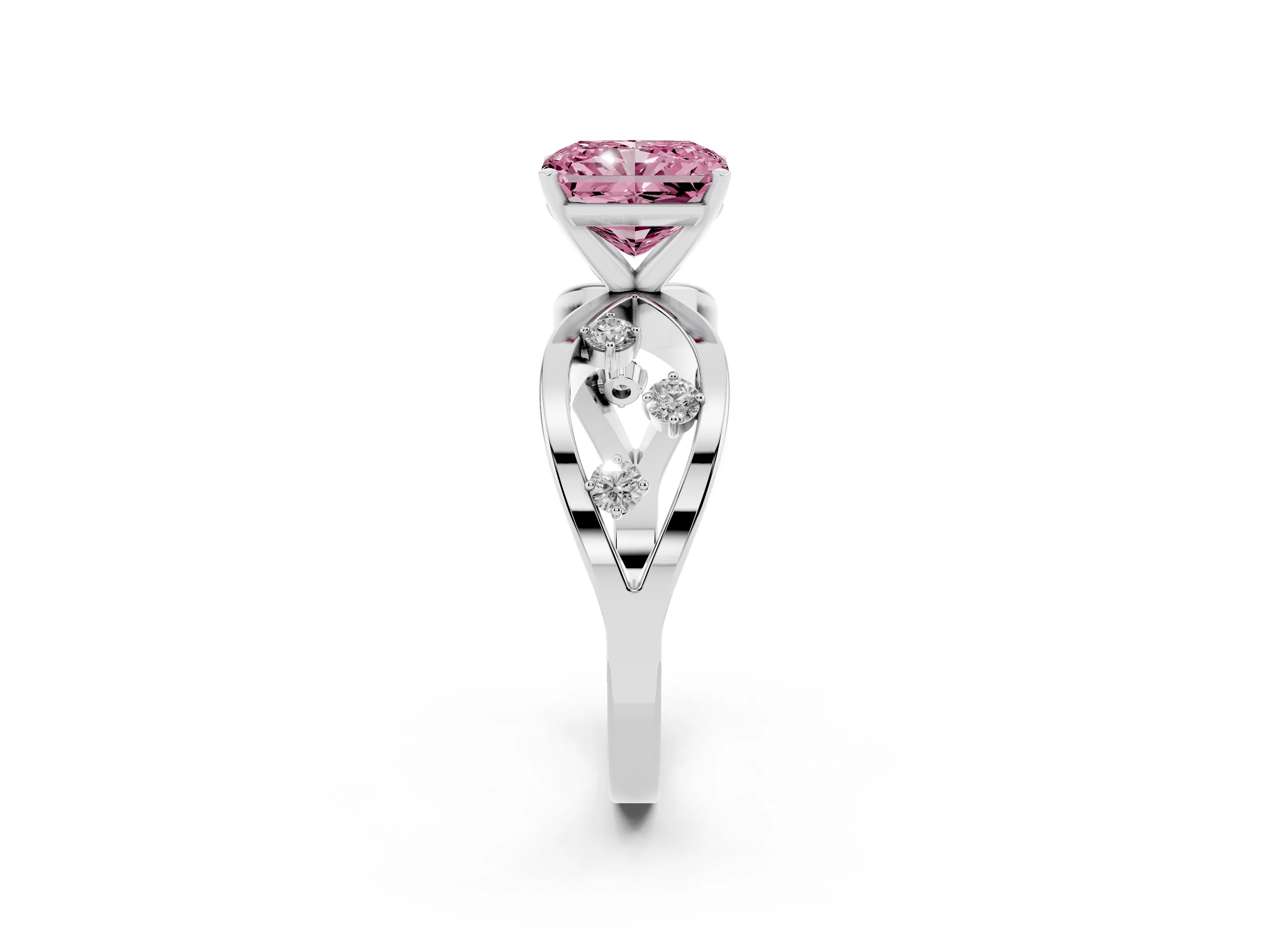 Fancy Pink Radiant Cut Diamond Solitaire Ring Set in Platinum with Side Stones on Criss-Cross Band and Prong Setting