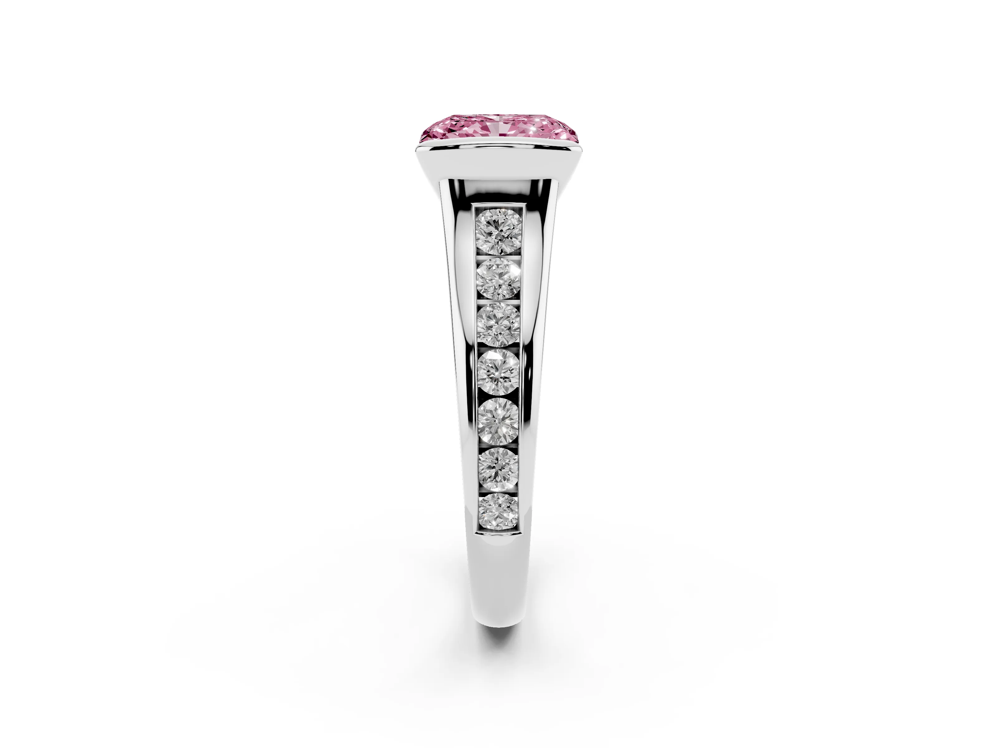 Fancy Pink Radiant Cut Diamond Bezel-Set Solitaire Ring Set in White gold with Channel-Set Band