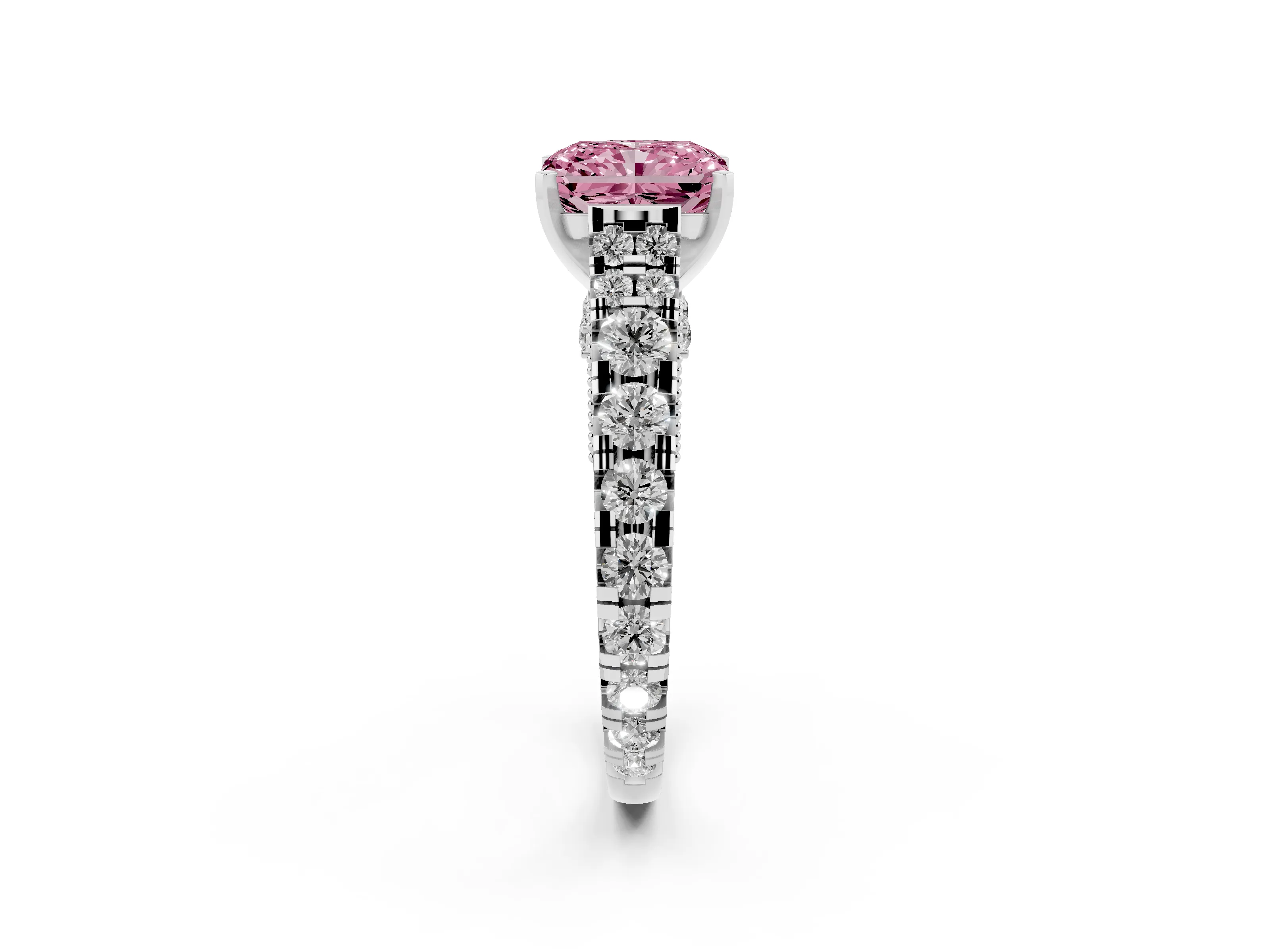 Fancy Pink Radiant Cut Diamond Classic Solitaire Ring Set in White gold with Pavé Band and Prong Setting