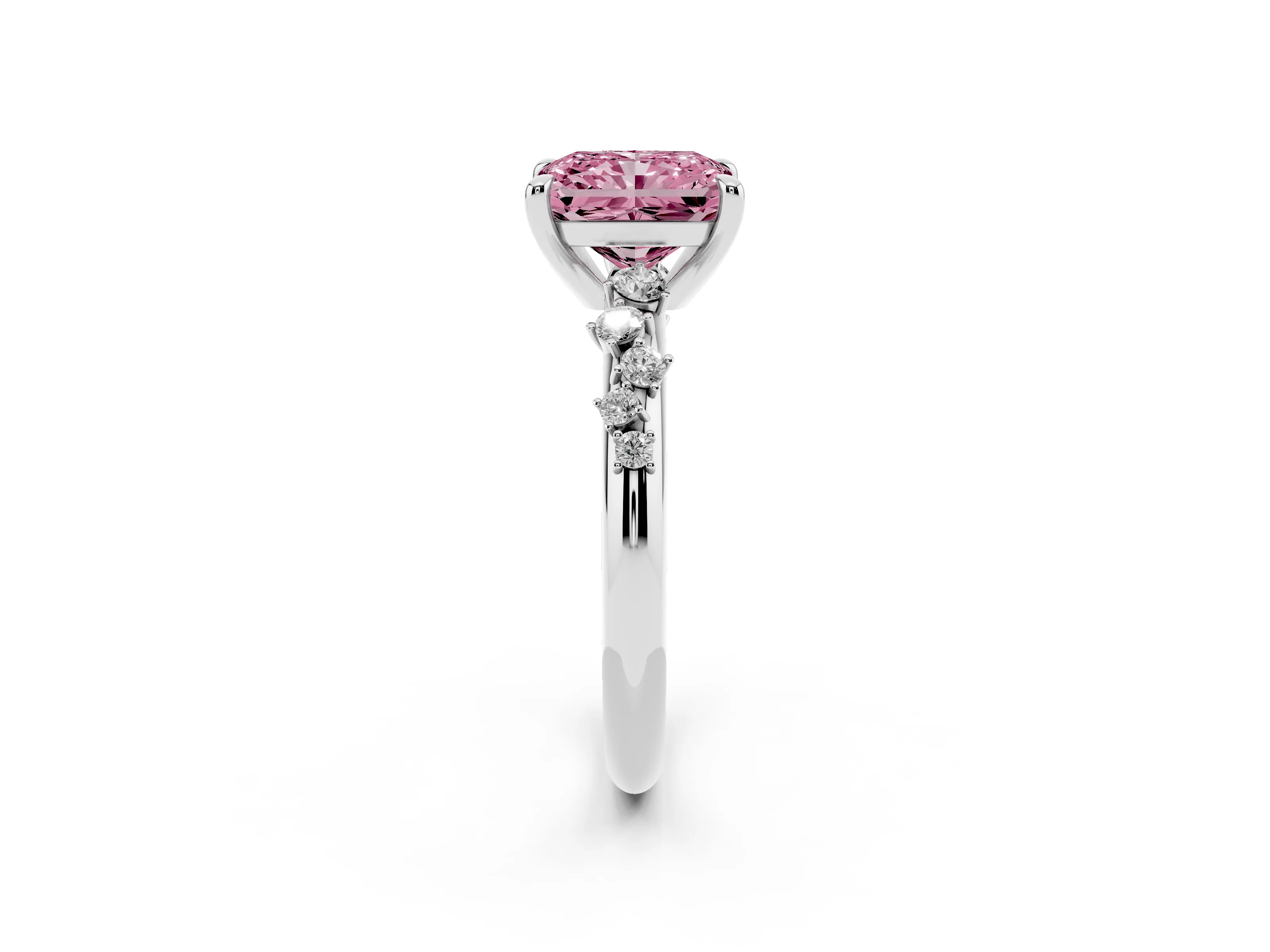 Fancy Pink Radiant Cut Diamond Solitaire Vine Band Ring Set in Silver with Round Accents and Prong Setting