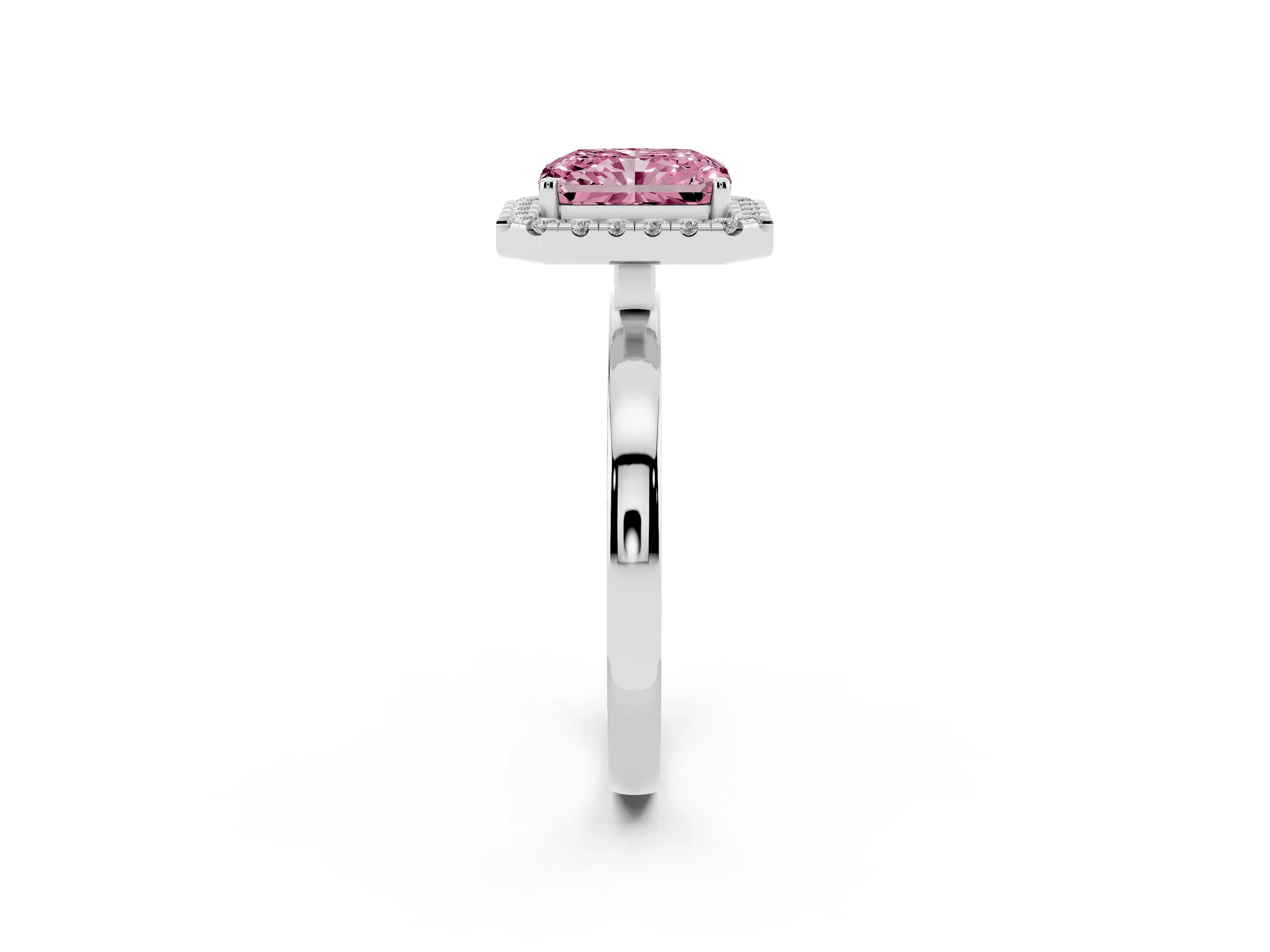 Fancy Pink Radiant Cut Diamond Halo Solitaire Ring Set in Platinum with Pavé Band and Prong Setting