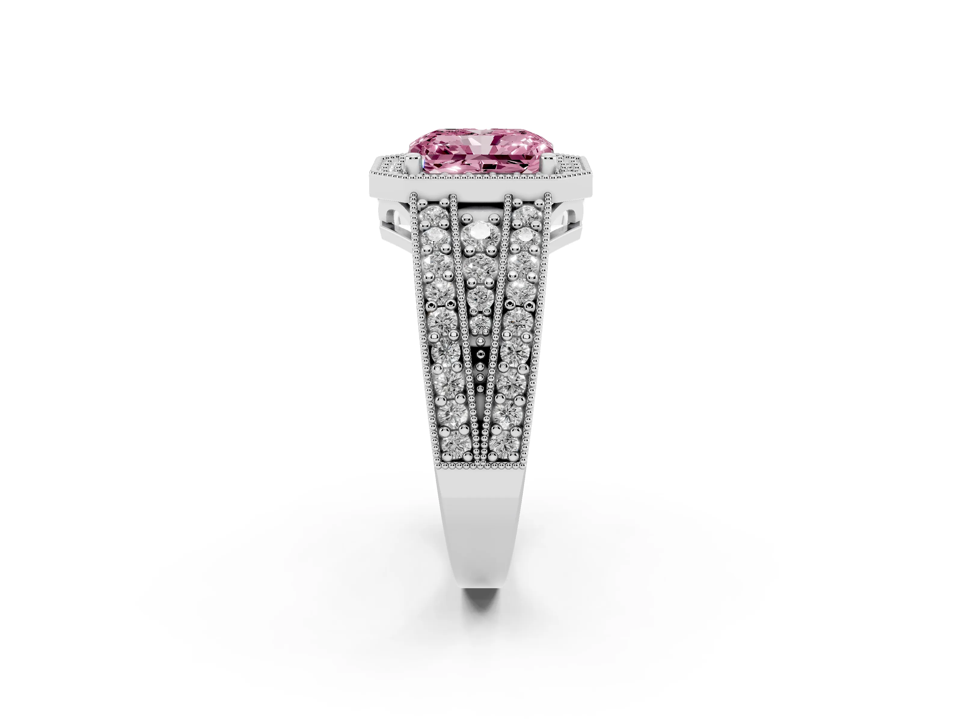 Fancy Pink Radiant Cut Diamond Halo Ring Set in Platinum with Accent Split Shank and Prong Setting