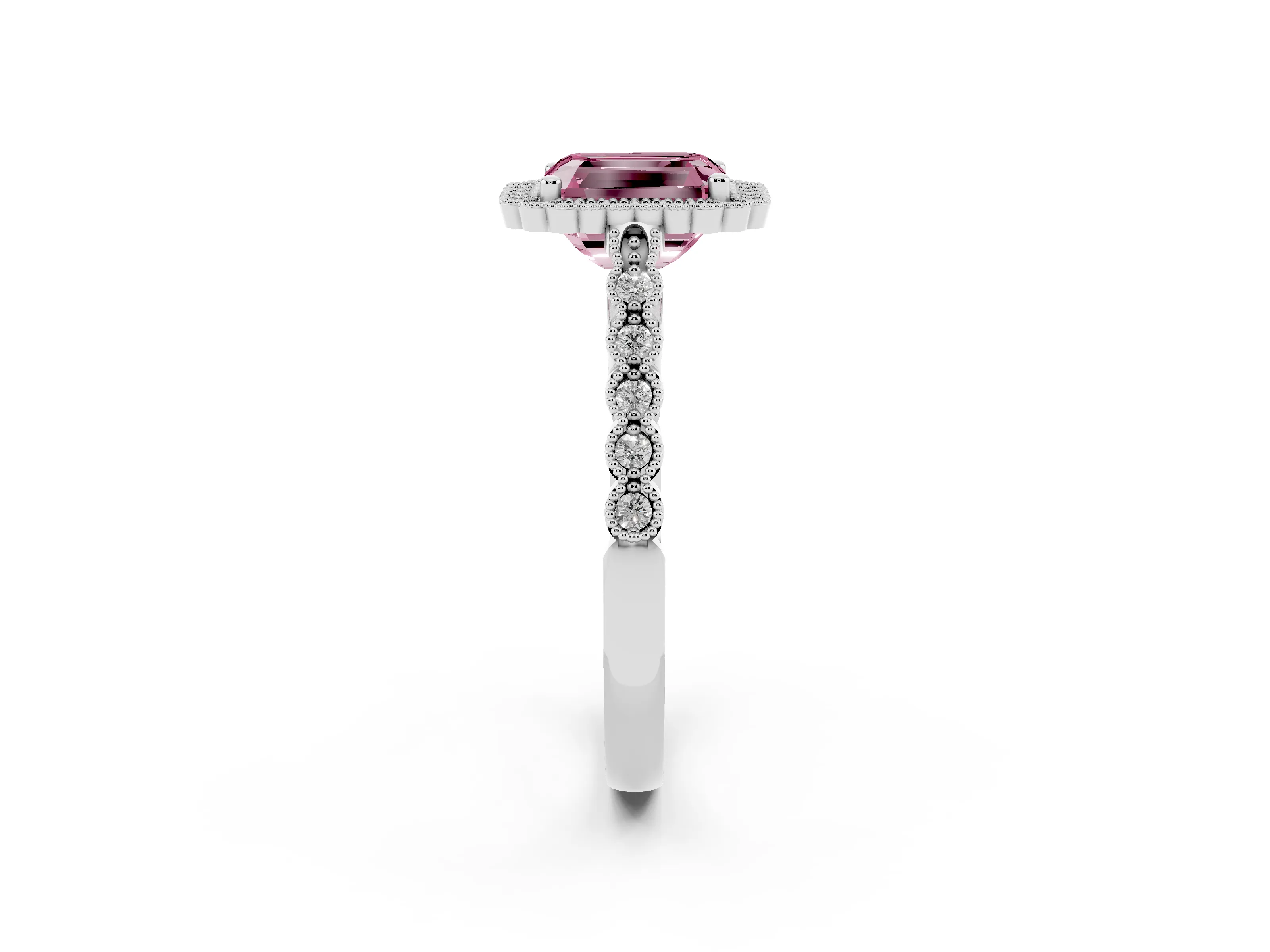 Fancy Pink Radiant Cut Diamond Halo Ring Set in Silver with Pavé Milgrain Band