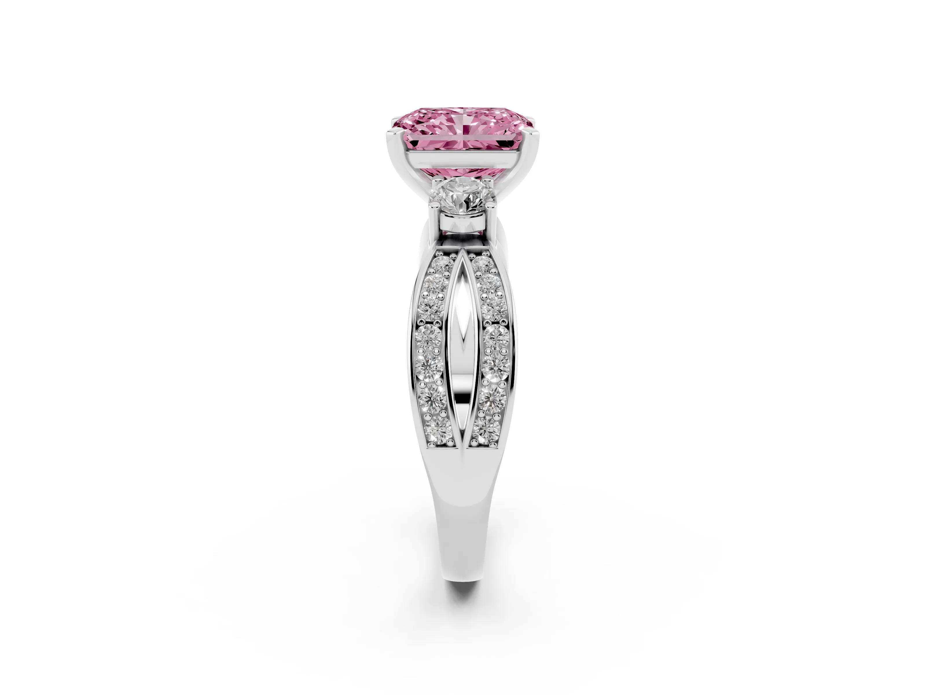 Fancy Pink Three-Stone Radiant Cut Diamond Twist Band Ring Set in Silver with Pavé Accents and Prong Setting