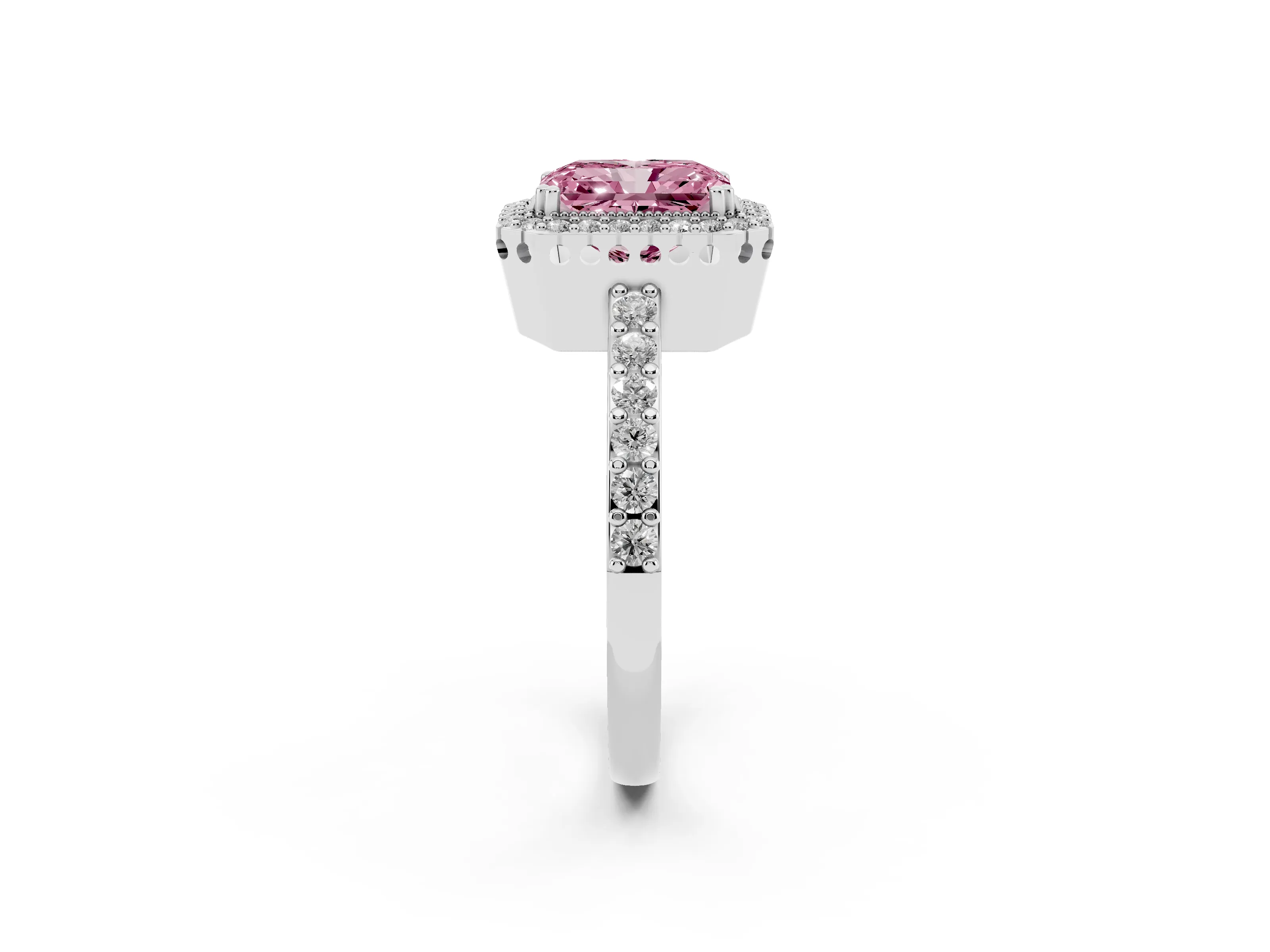 Fancy Pink Radiant Cut Diamond Halo Engagement Ring Set in White gold with Milgrain Detail and Pavé Band