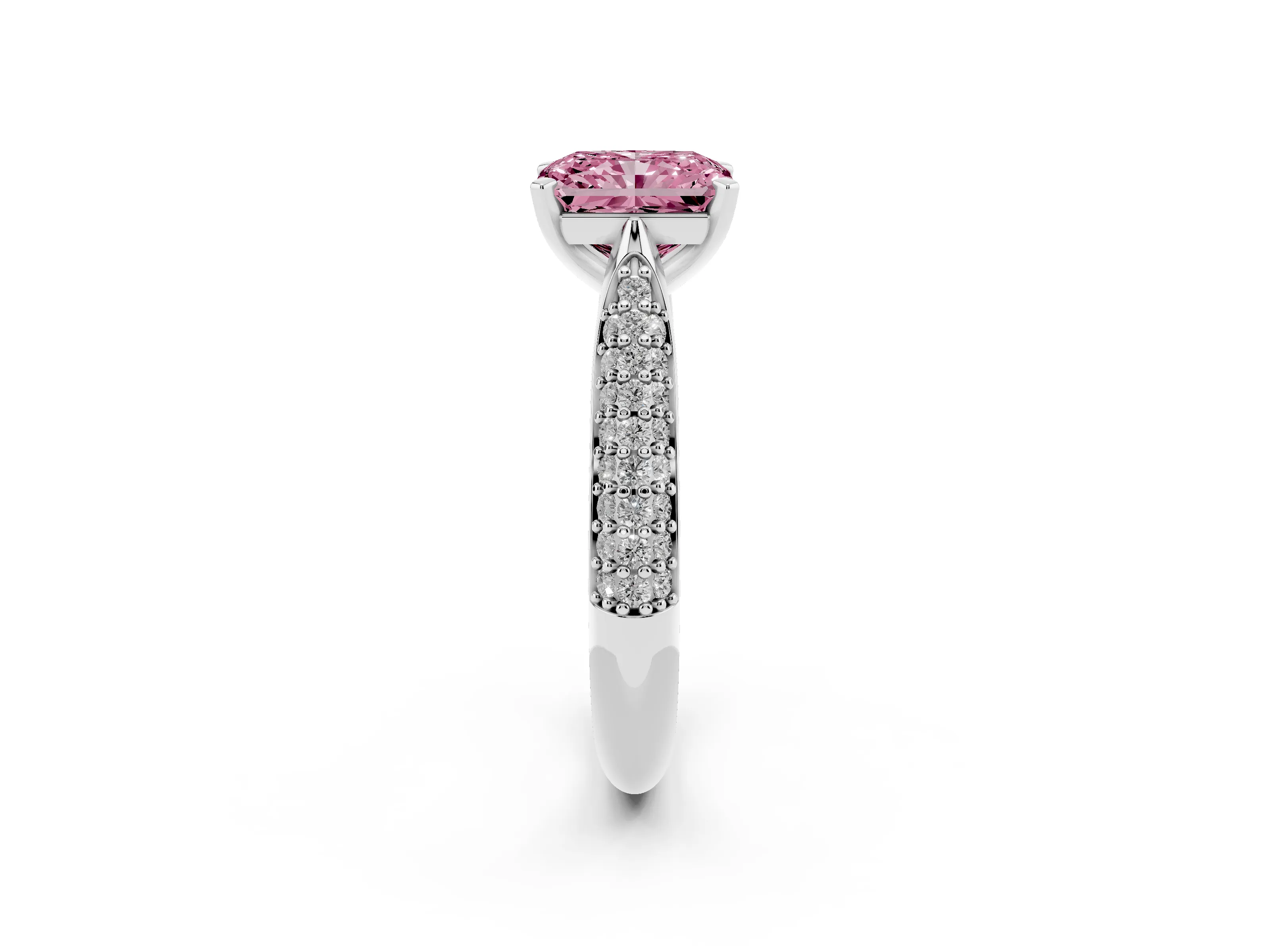 Fancy Pink Radiant Cut Diamond Solitaire Engagement Ring Set in White gold with Multi-Row Round Pavé Band and Prong Setting