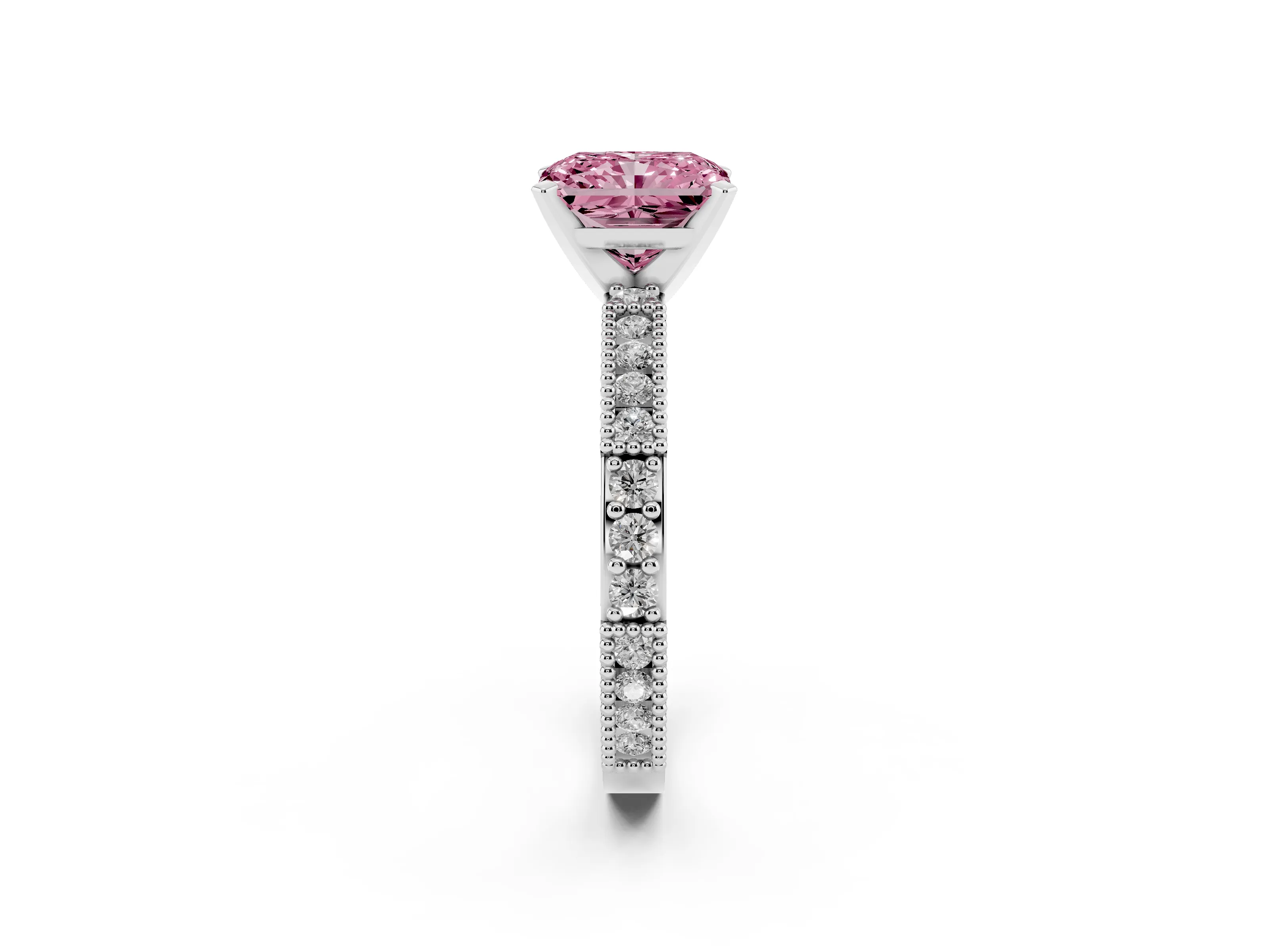 Fancy Pink Radiant Cut Diamond Solitaire Ring Set in Silver with Slim Pavé Band and Prong Setting