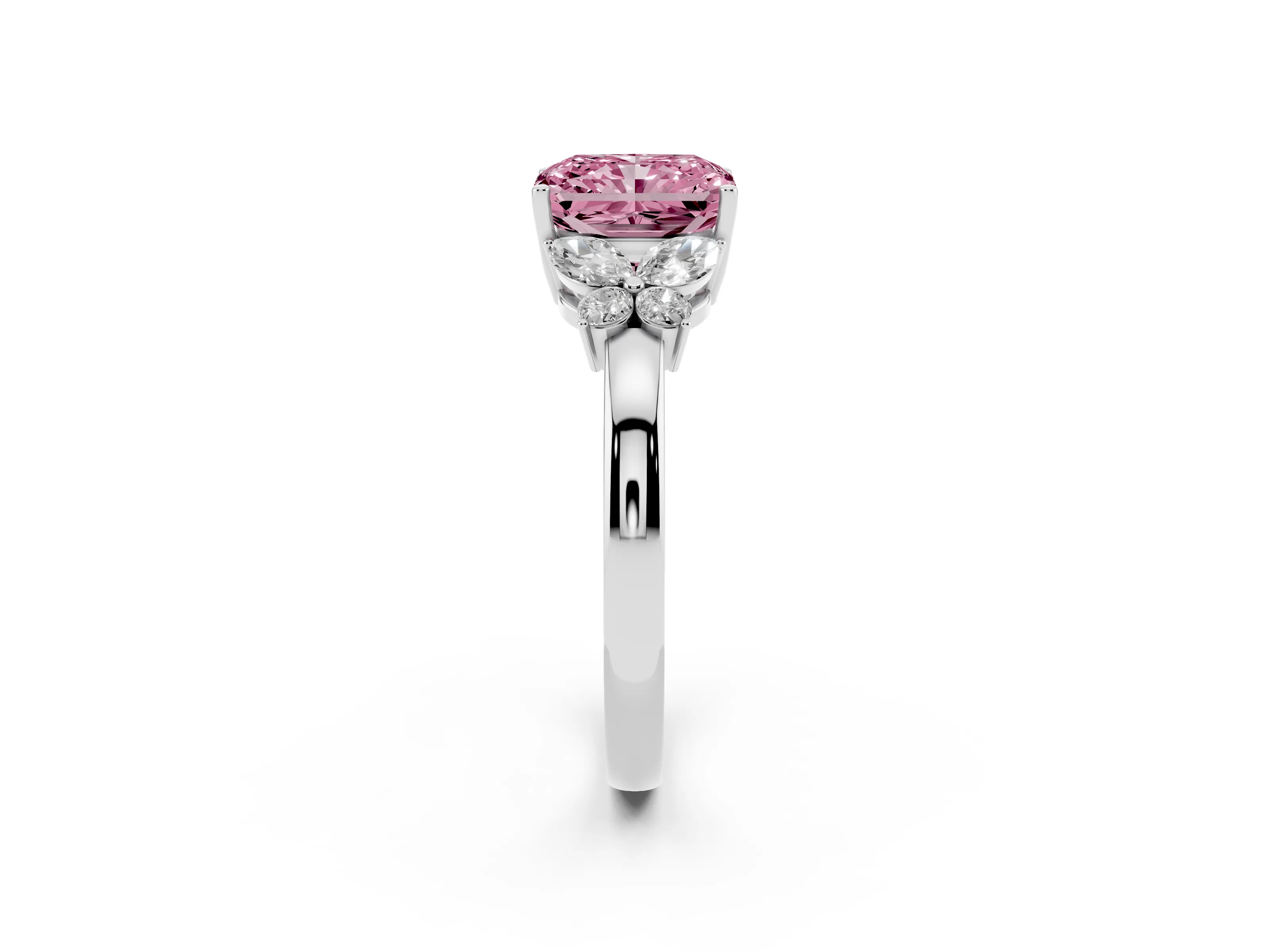 Fancy Pink Radiant Cut Diamond Solitaire Floral Ring Set in White gold with Marquise Petals and Prong Setting