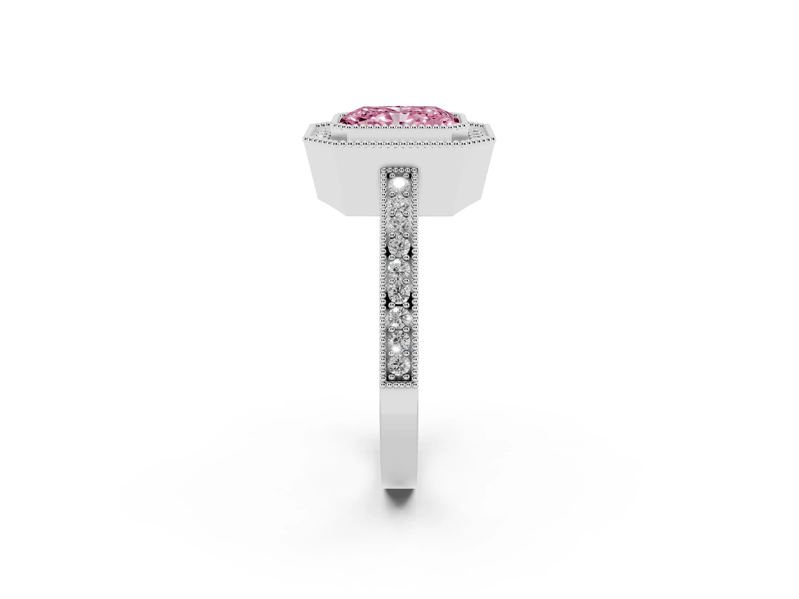 Fancy Pink Radiant Cut Diamond Round Halo Ring Set in White gold with Pavé Band