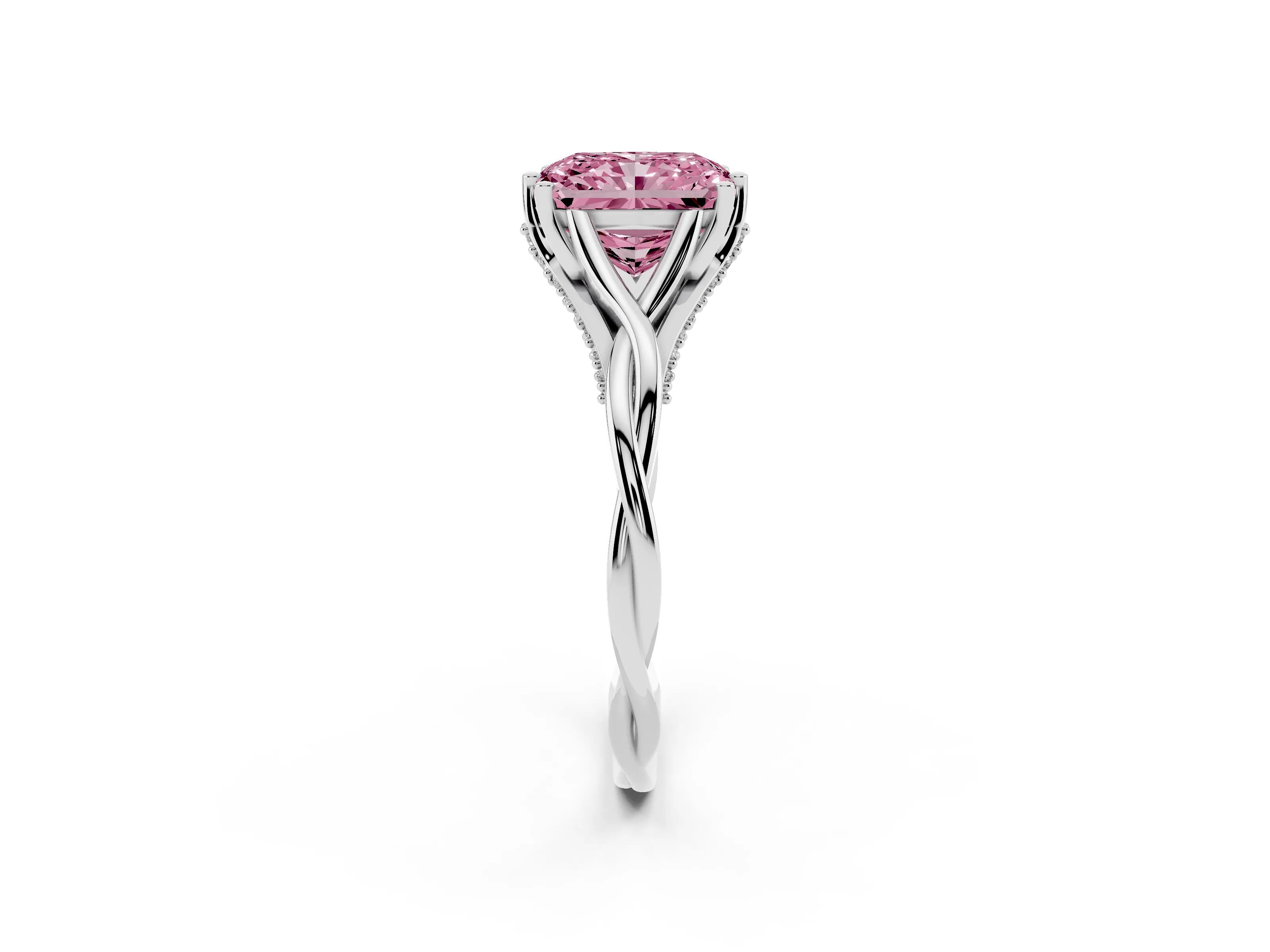 Fancy Pink Radiant Cut Diamond Intertwined Twist Band Solitaire Ring Set in White gold with Prong Setting