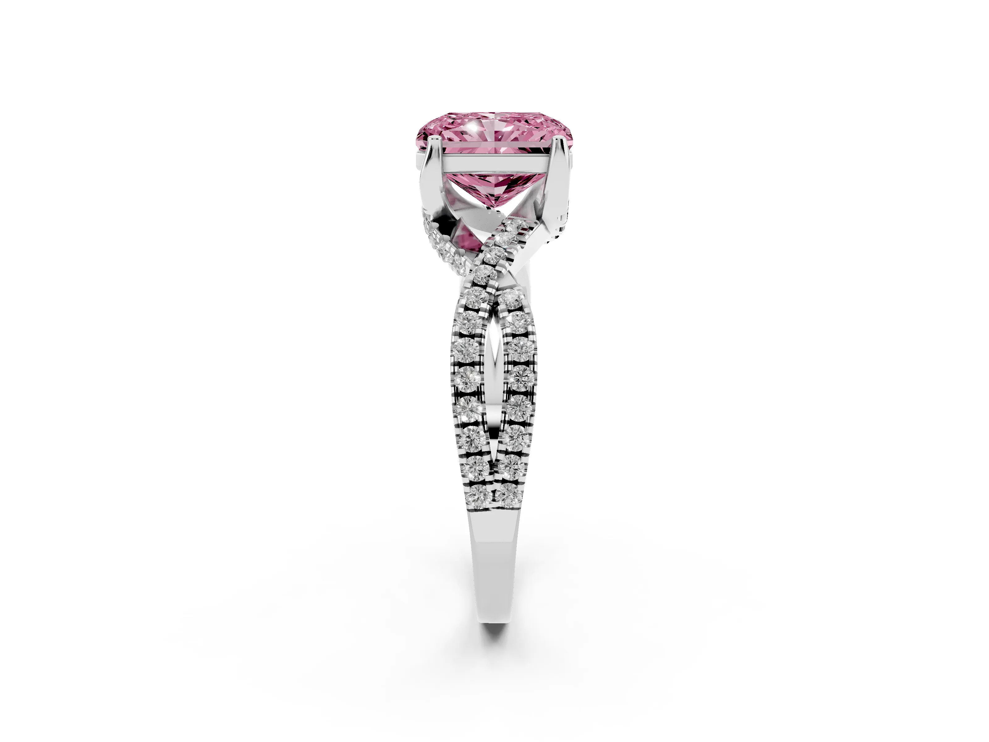 Fancy Pink Radiant Cut Diamond Twist Pavé Solitaire Engagement Ring Set in Silver with Prong Setting