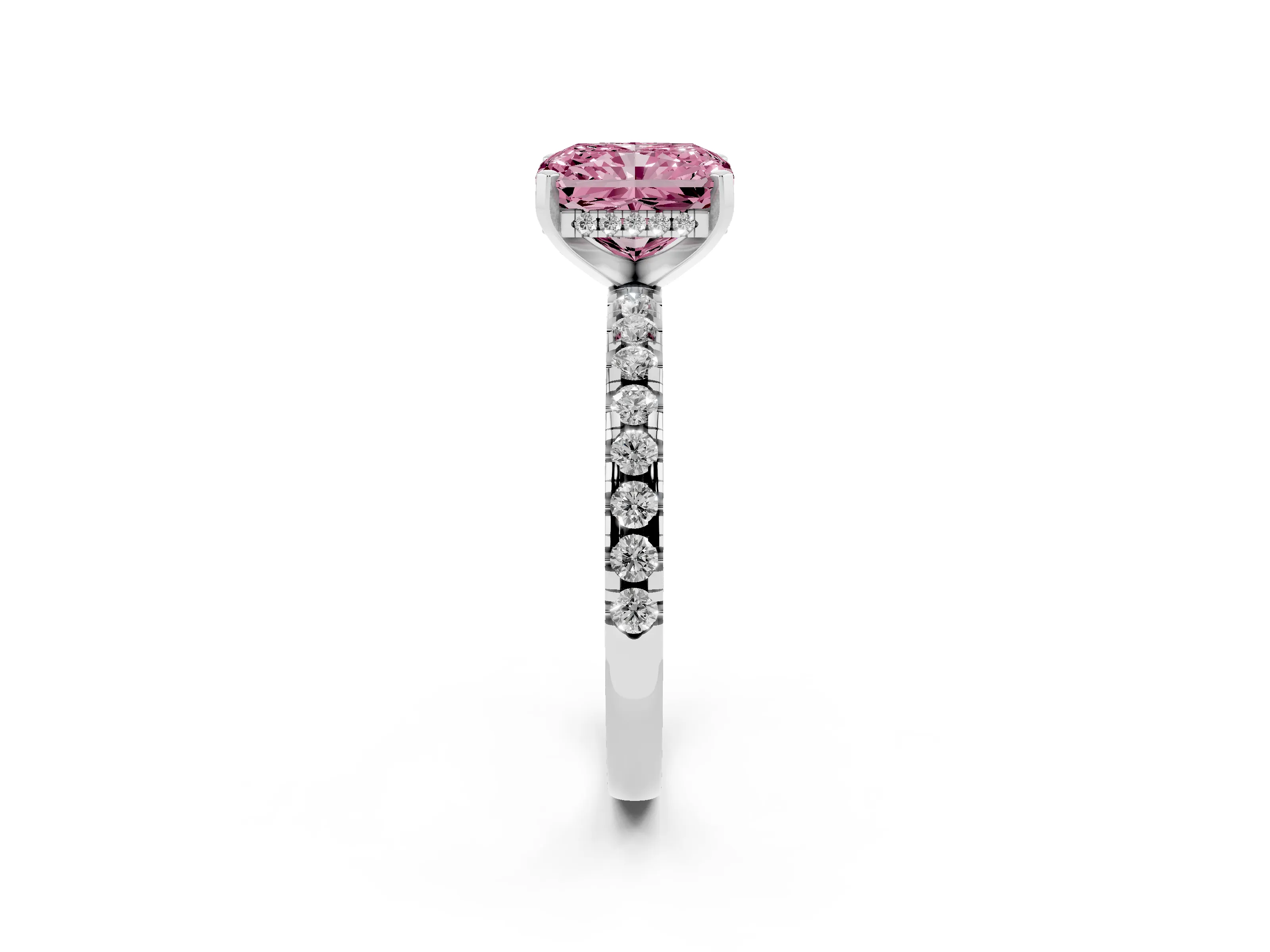 Fancy Pink Radiant Cut Diamond Pavé Solitaire Ring Set in White gold with Round Band Accents and Prong Setting