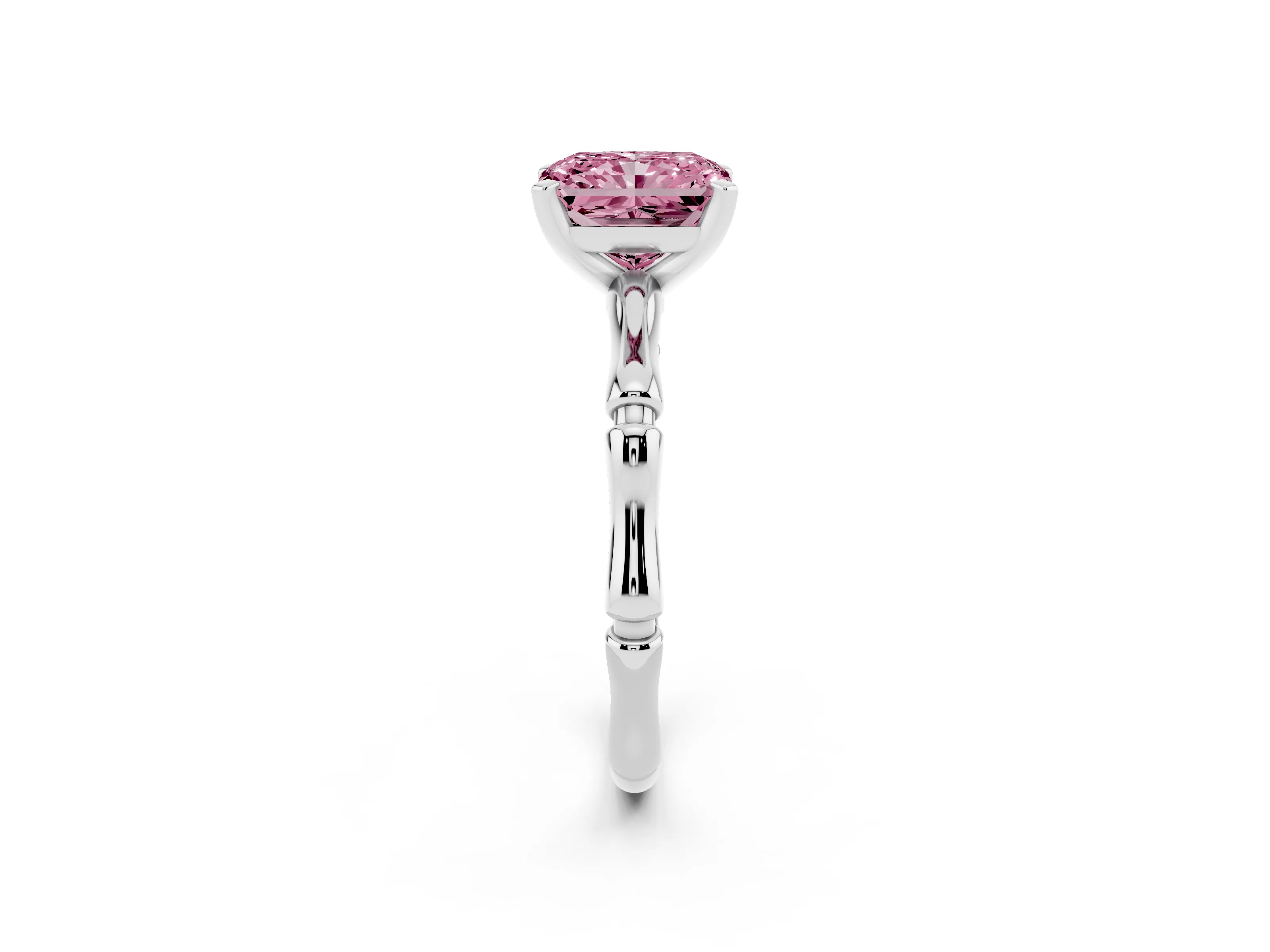 Fancy Pink Radiant Cut Diamond Solitaire Ring Set in Silver with Bamboo Band and Prong Setting