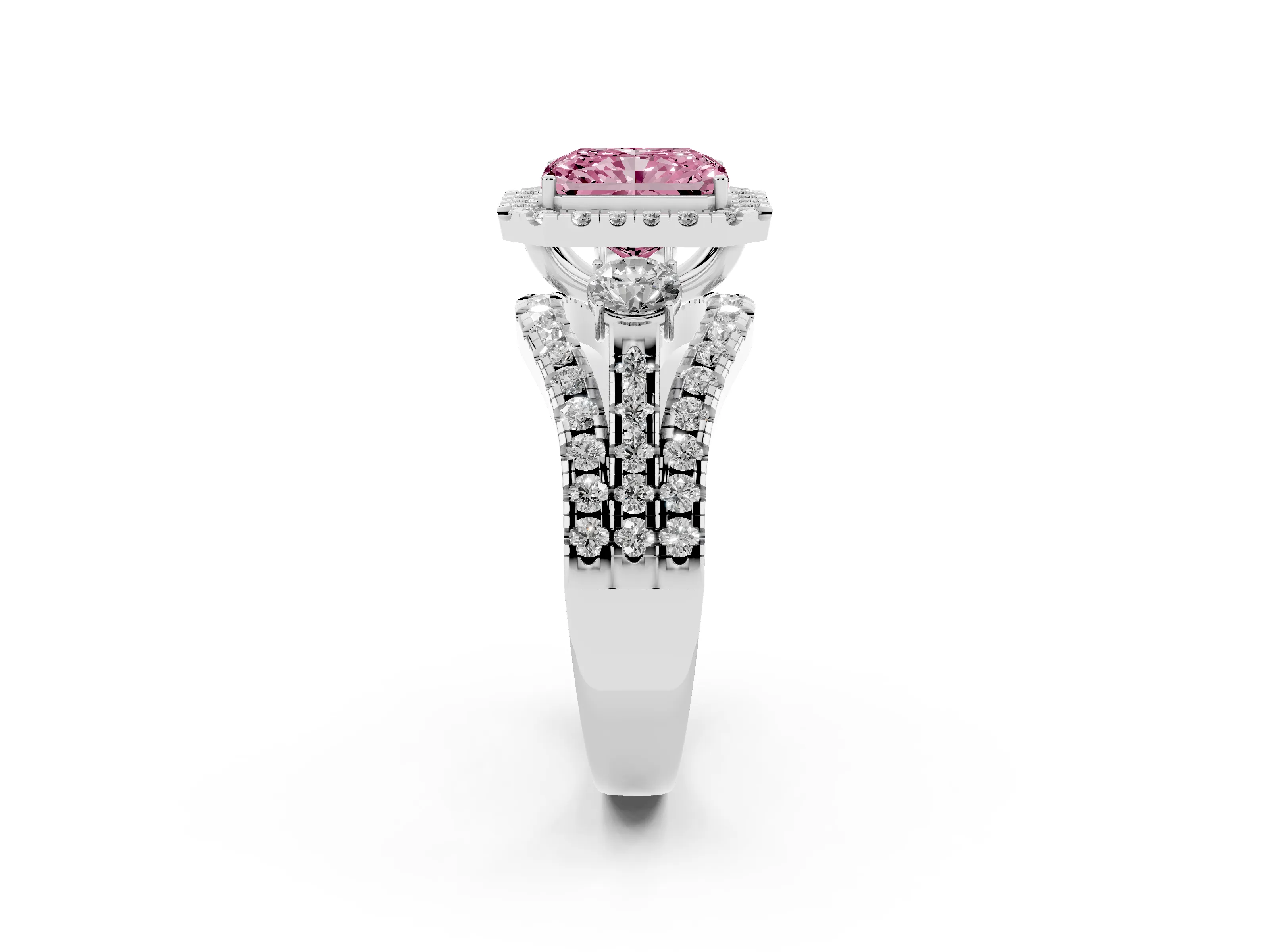 Fancy Pink Radiant Cut Diamond Halo Split Shank Ring Set in Silver with Round Accent Stones and Prong Setting