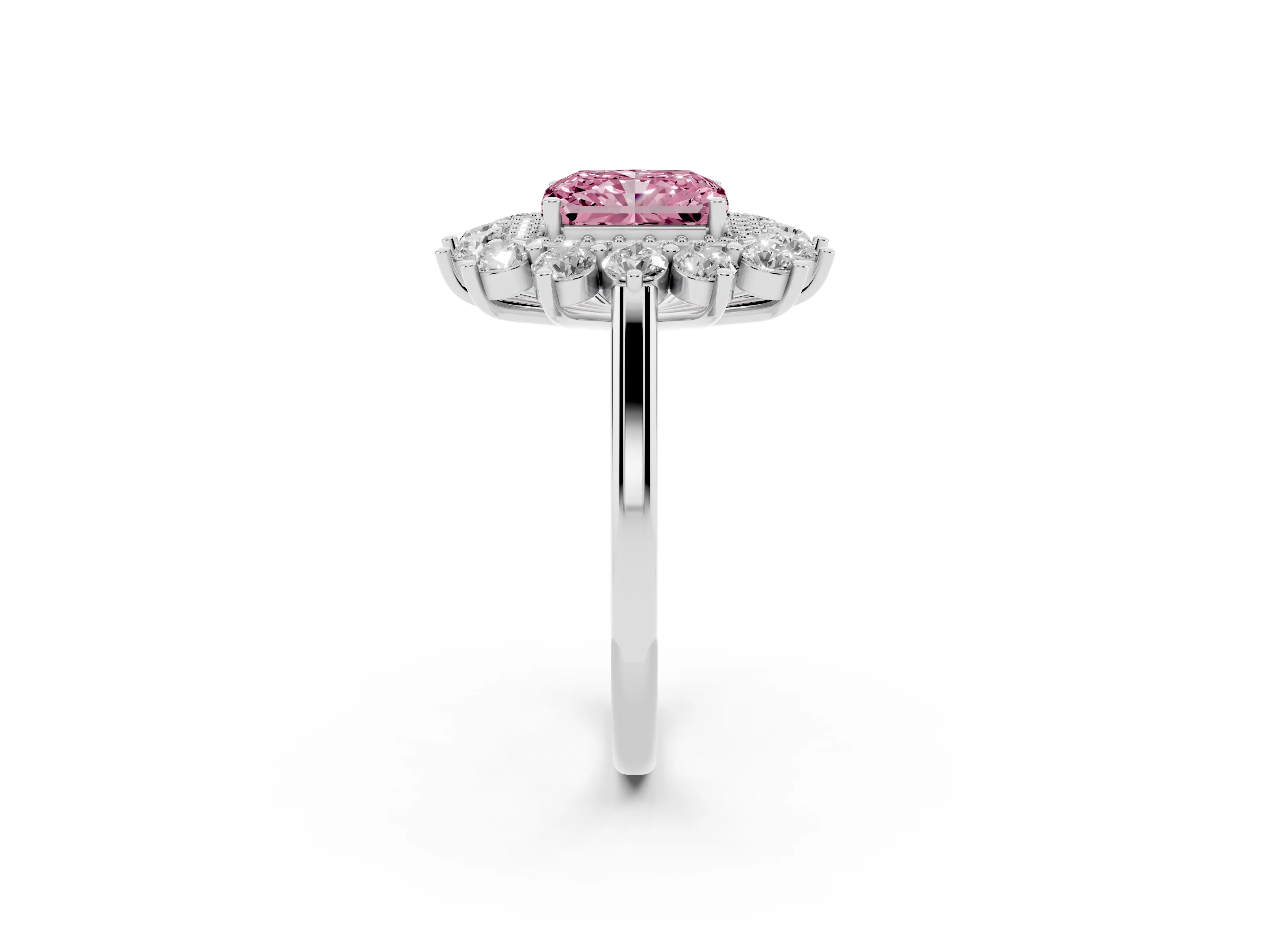 Fancy Pink Radiant Cut Diamond Floral Double Halo Ring Set in Silver with Round Petals