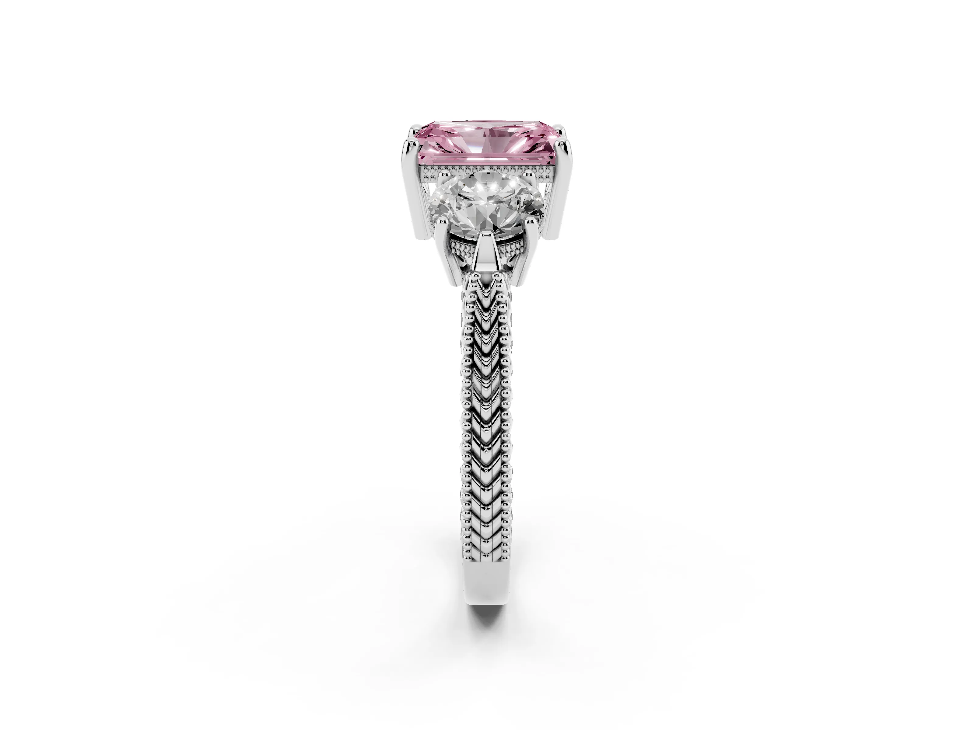 Fancy Pink Radiant Cut Diamond Three-Stone Ring Set in Silver with Milgrain Band