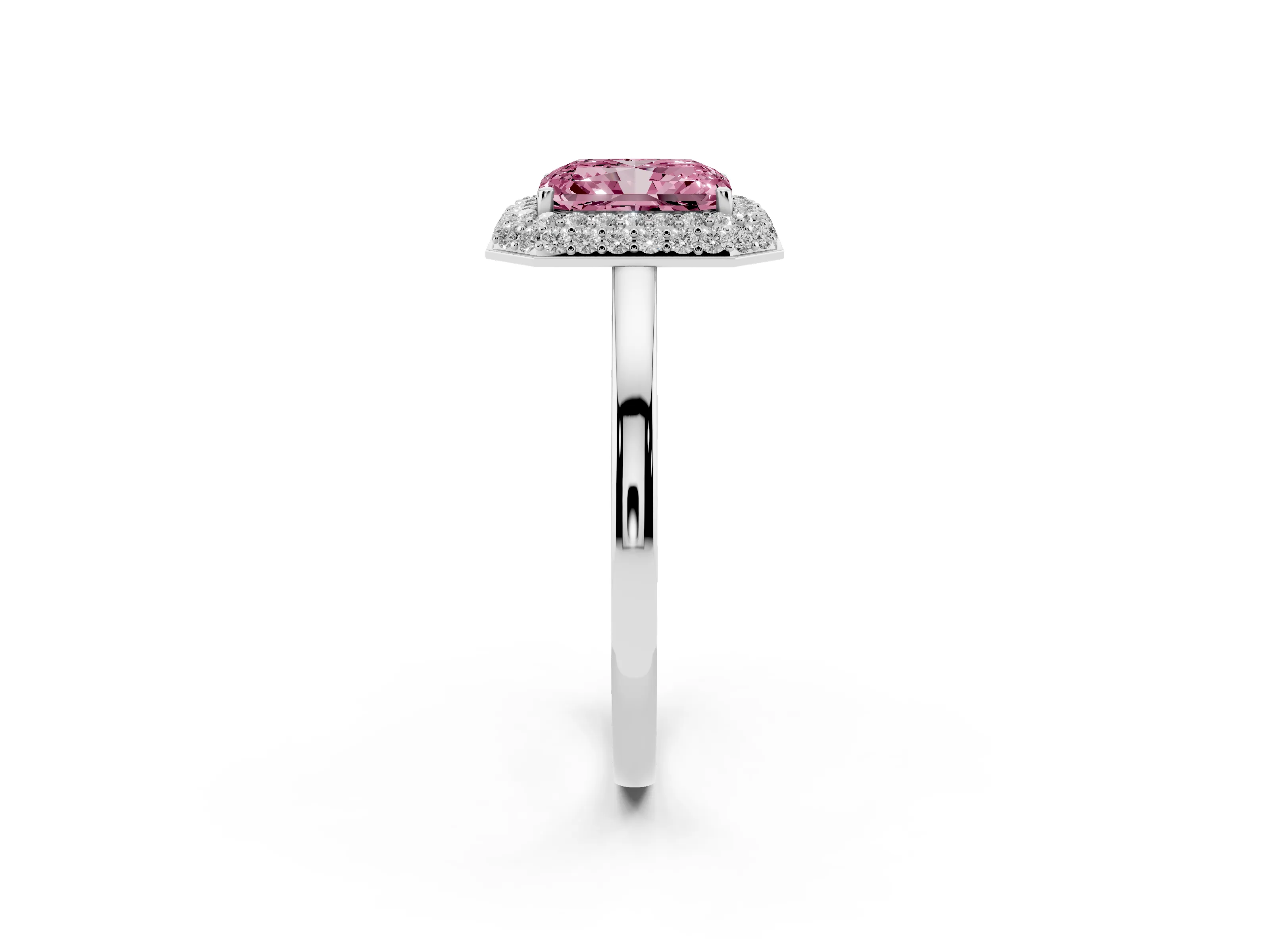 Fancy Pink Radiant Cut Diamond Halo Engagement Ring Set in Platinum with Solitaire Band and Prong Setting