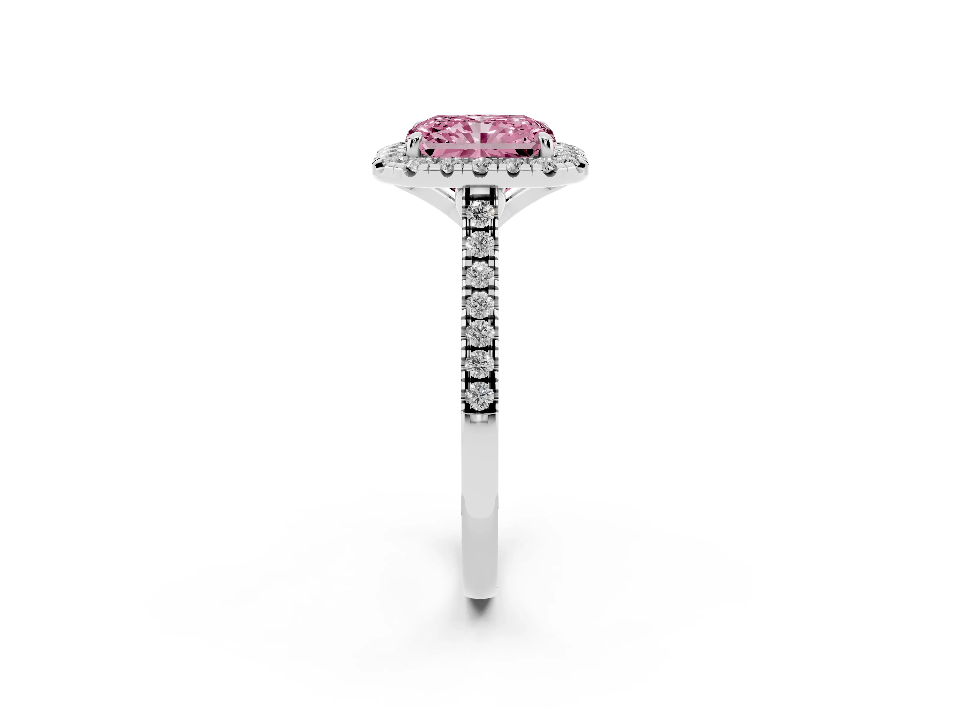 Fancy Pink Radiant Cut Diamond Cushion Halo Ring Set in Silver with Pavé Band