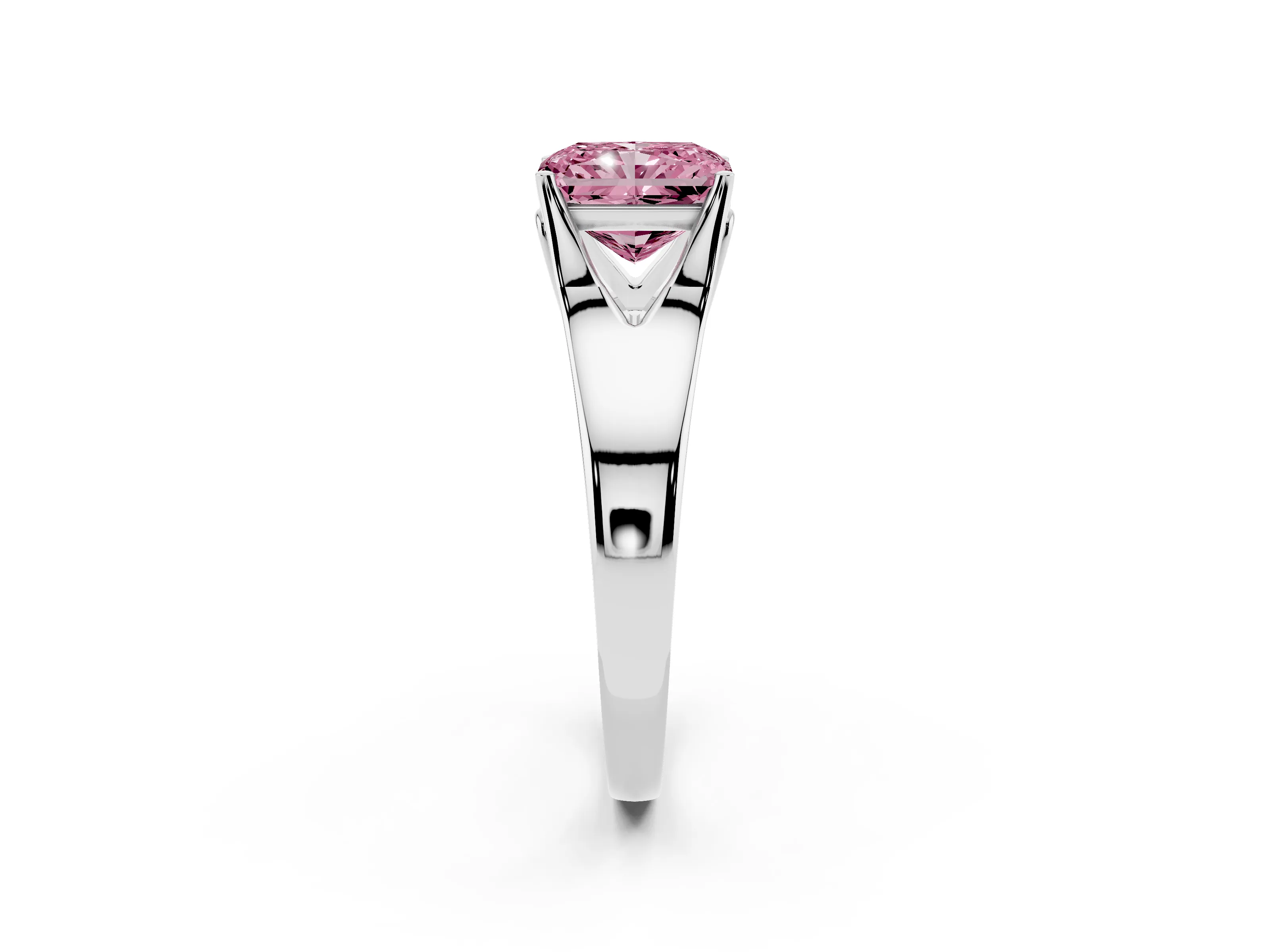 Fancy Pink Radiant Cut Diamond Solitaire Ring Set in White gold with Arched Cathedral Band and Prong Setting