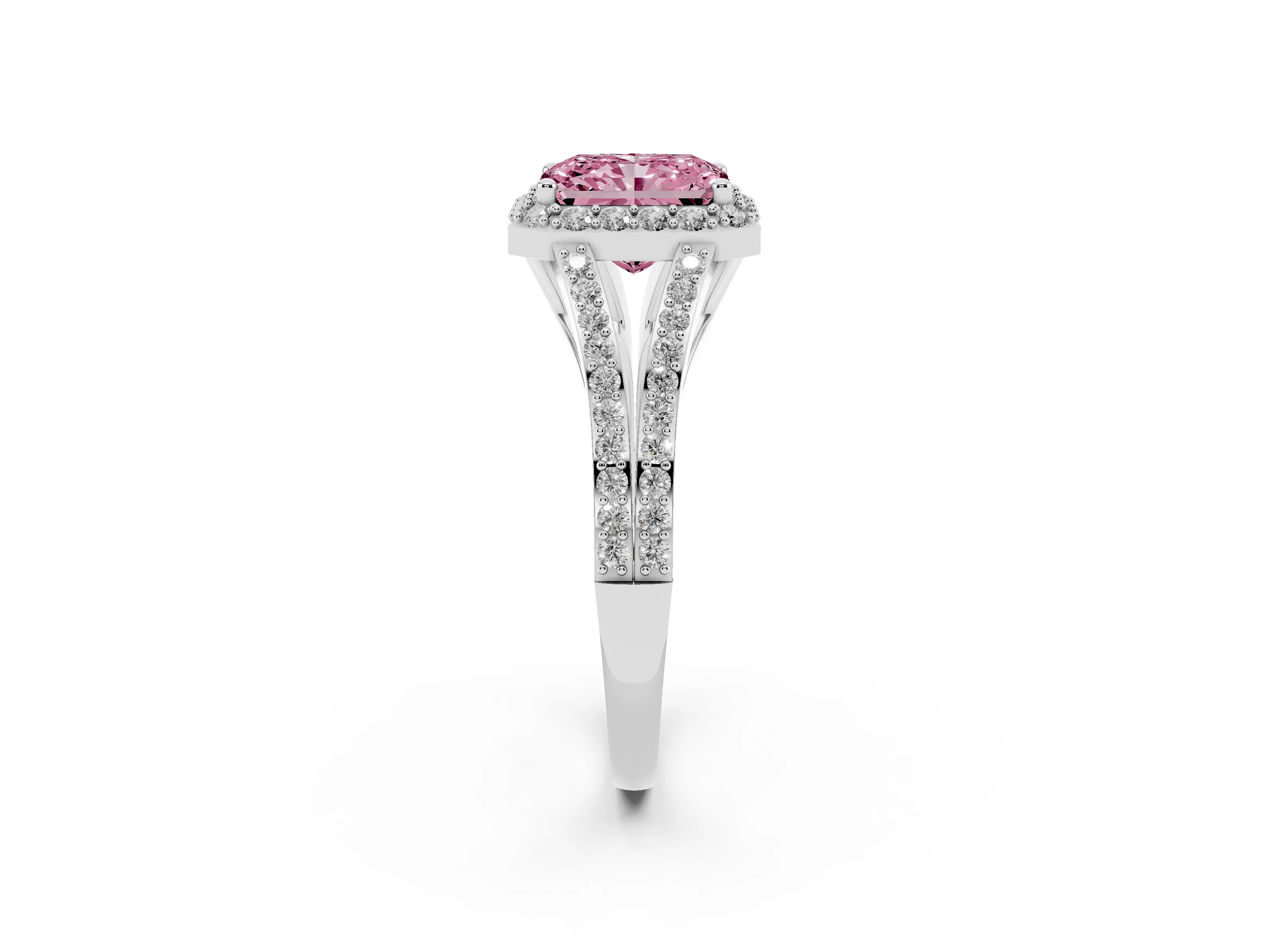 Fancy Pink Radiant Cut Diamond Halo Split Shank Pavé Ring Set in Silver with Prong Setting