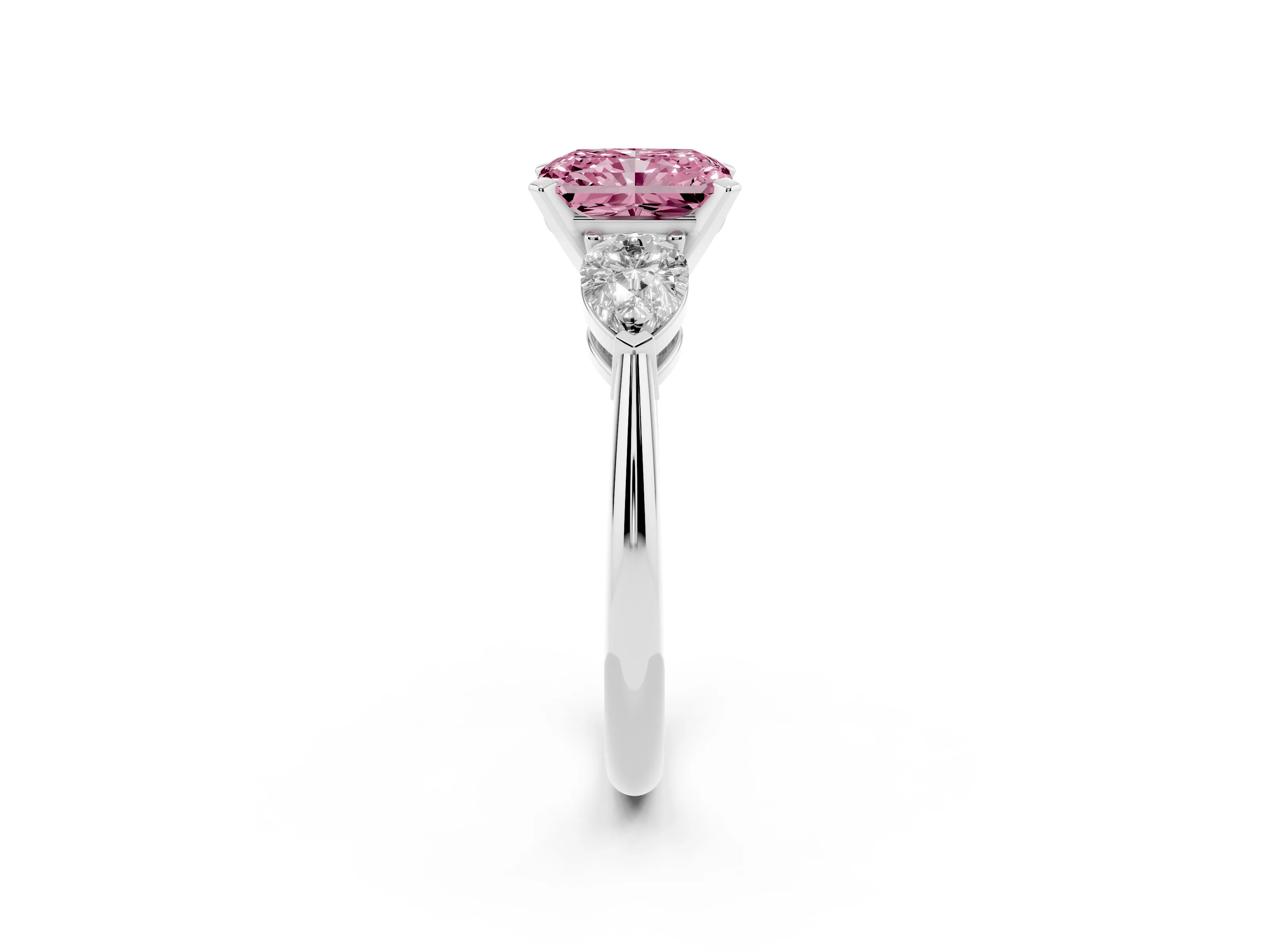 Fancy Pink Three-Stone Radiant Cut Diamond Ring Set in Silver with Pear Side Stones and Prong Setting