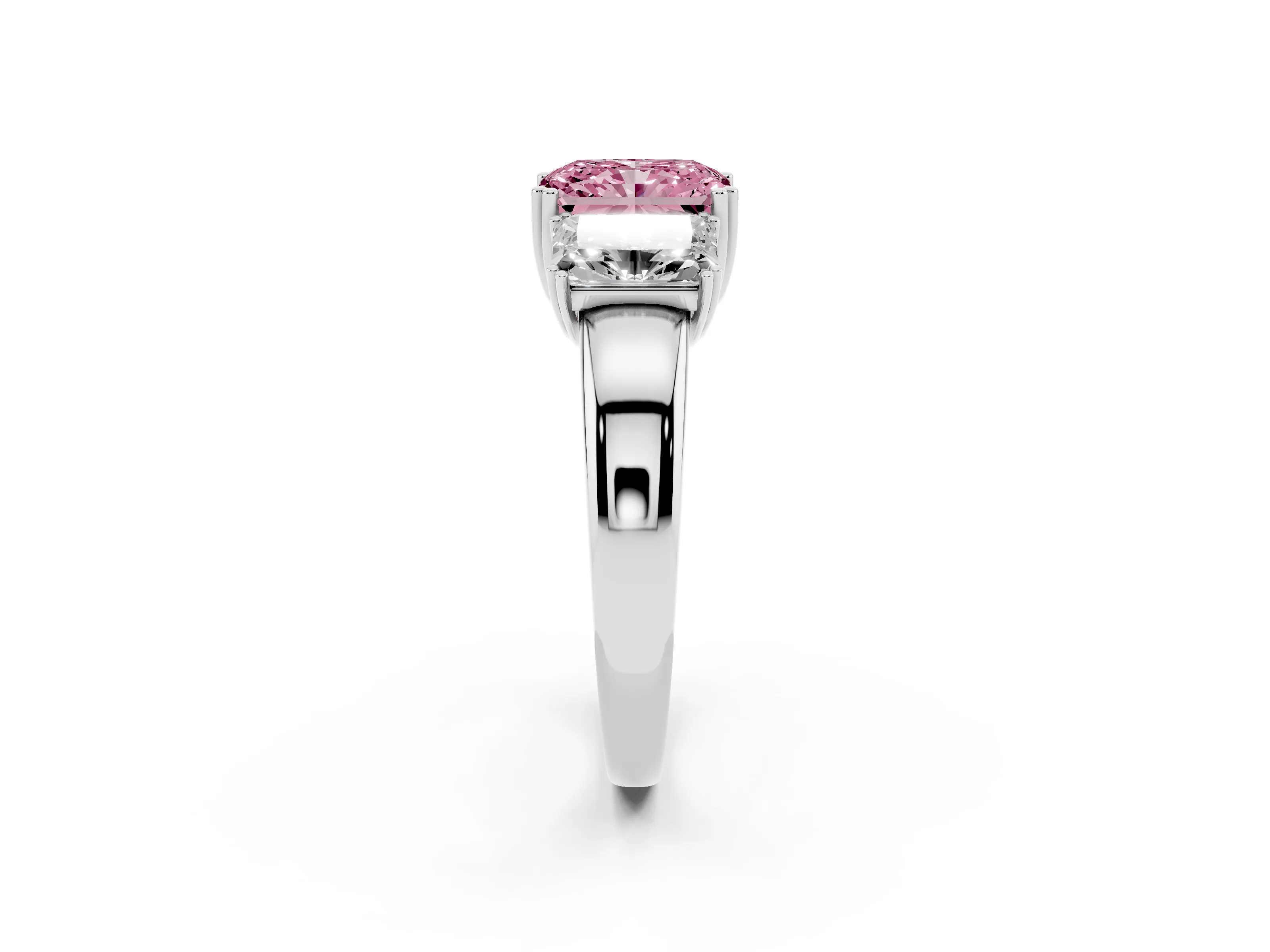 Fancy Pink Radiant Cut Diamond Three-Stone Ring Set in White gold with Polished Channel-Set Band