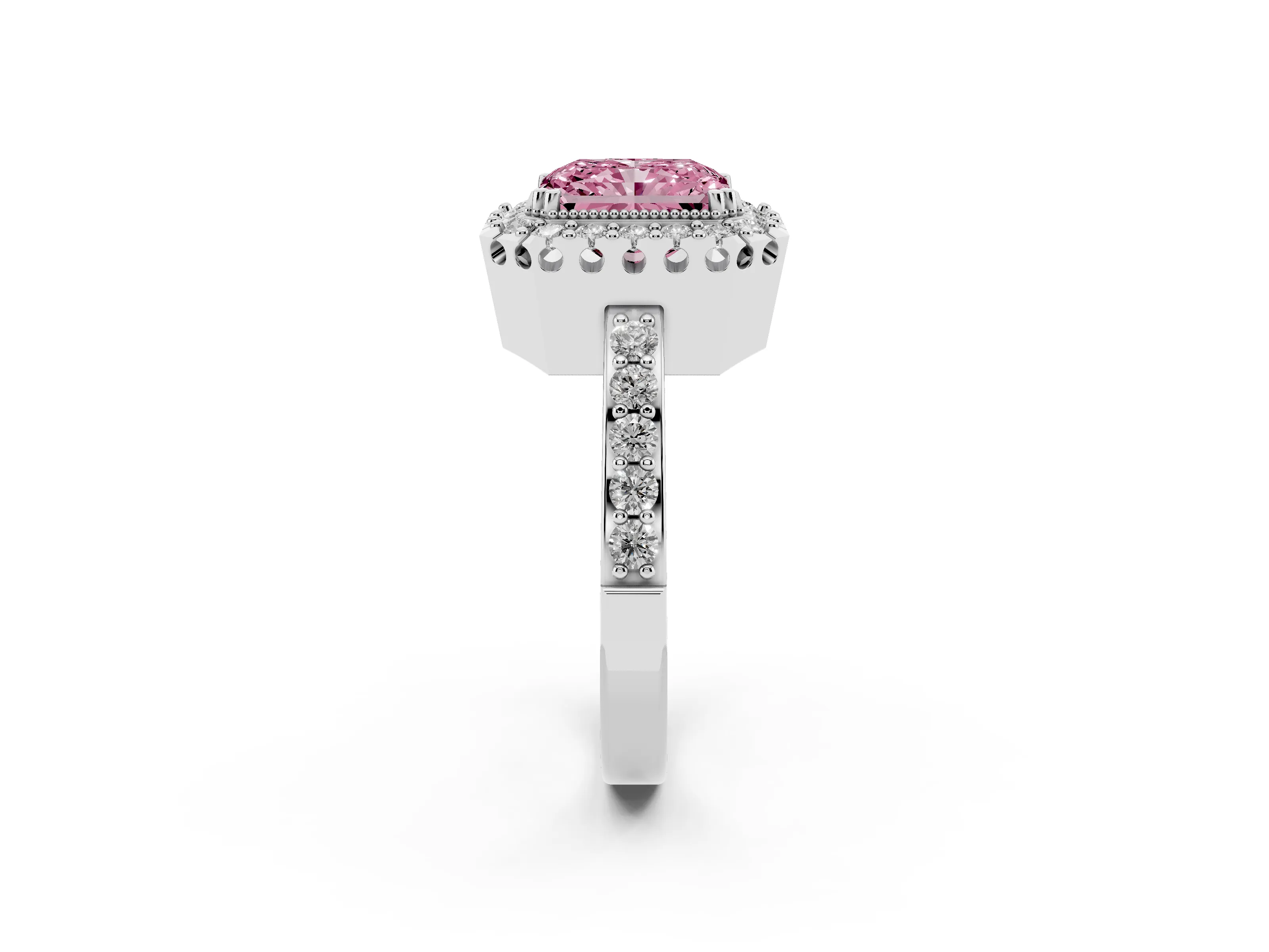 Fancy Pink Radiant Cut Diamond Halo Ring Set in White gold with Pavé Shank and Prong Setting