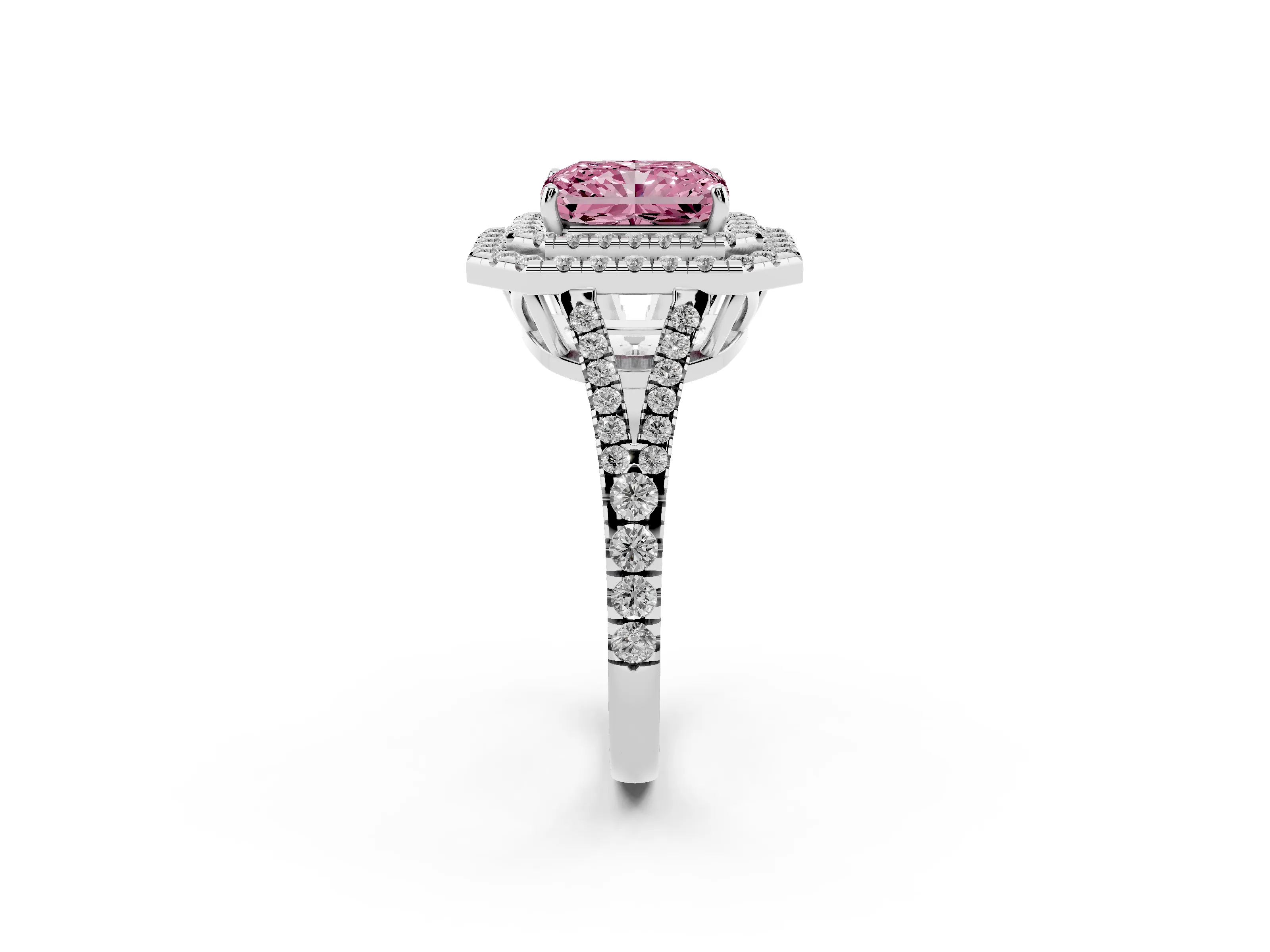 Fancy Pink Radiant Cut Diamond Double Halo Ring Set in White gold with Pavé Band