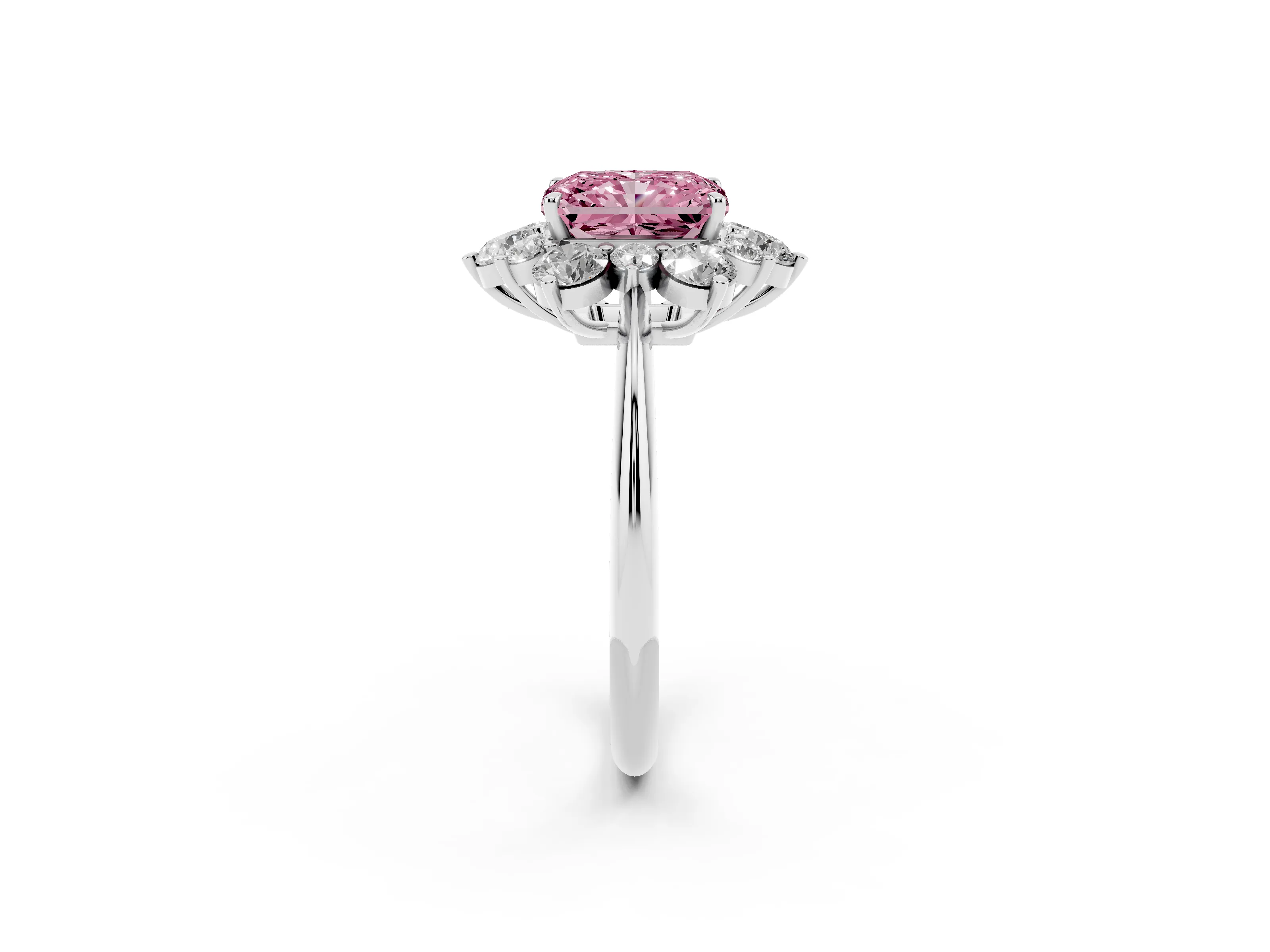 Fancy Pink Radiant Cut Diamond Cluster Halo Ring Set in Silver with Solitaire Band and Prong Setting