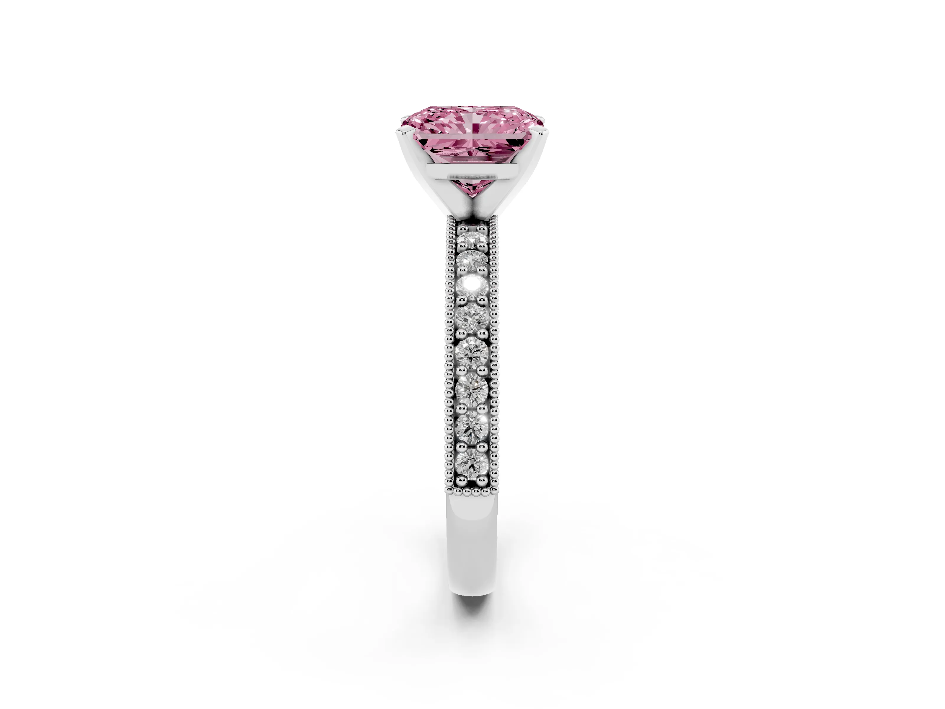 Fancy Pink Radiant Cut Diamond Milgrain Pavé Engagement Ring Set in Silver with Prong Setting