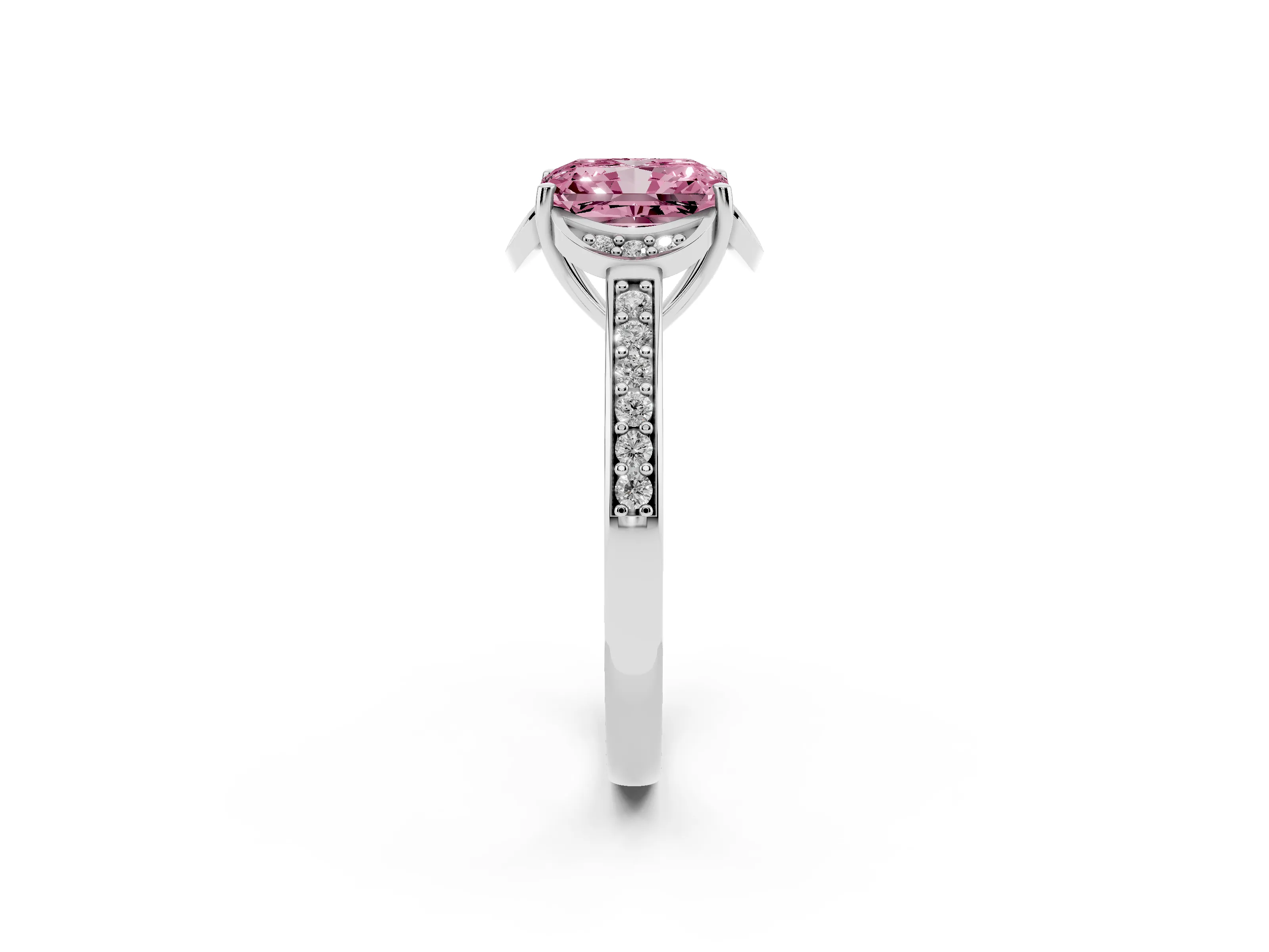 Fancy Pink Radiant Cut Diamond Halo Ring Set in Platinum with Channel Set Band and Prong Setting